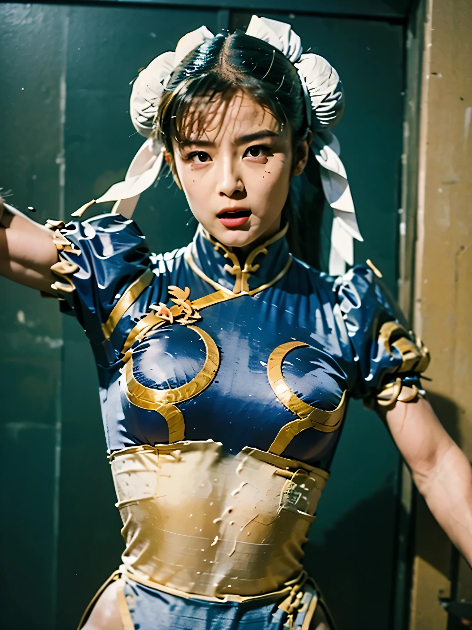cool, spin kick, Panchira, Leo Chira, Dynamic, hyper real, photo real, high image quality, masterpiece, front camera angle, looking at the viewers, Chun Li, Please accurately draw the details of the face, costume, and body