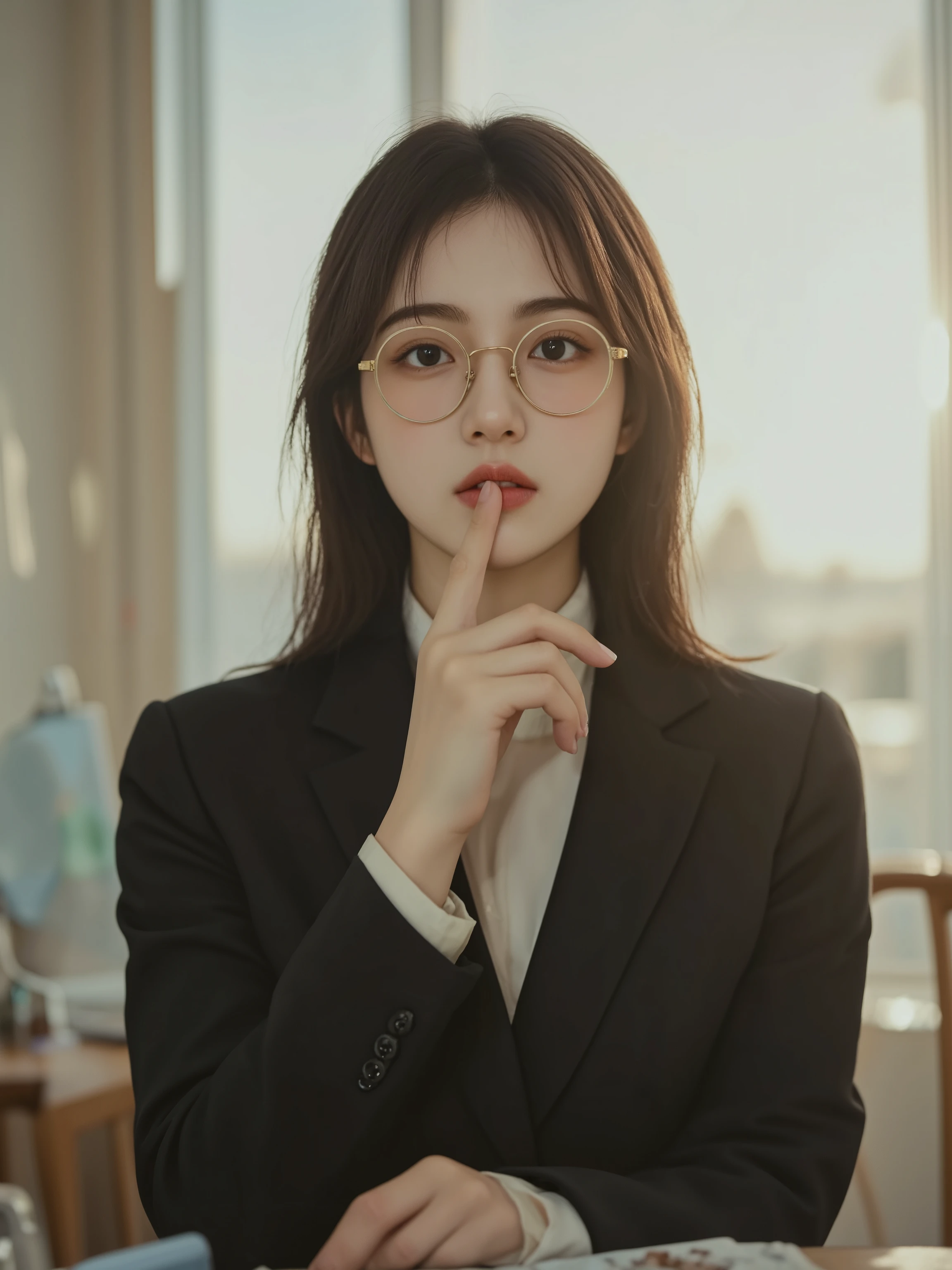 Vintage film of a beautiful woman in a business suit,woman wearing glasses,office desk by plane,A woman putting her index finger on her mouth and making a quick gesture,Making of,Office Decor,Small item on the desk, subdued lighting ,High Quality,4K,has an extremely fine texture,realistic texture,expert level,Studio Lighting,Extremely Detailed Expression,Vivid Colors,bokeh