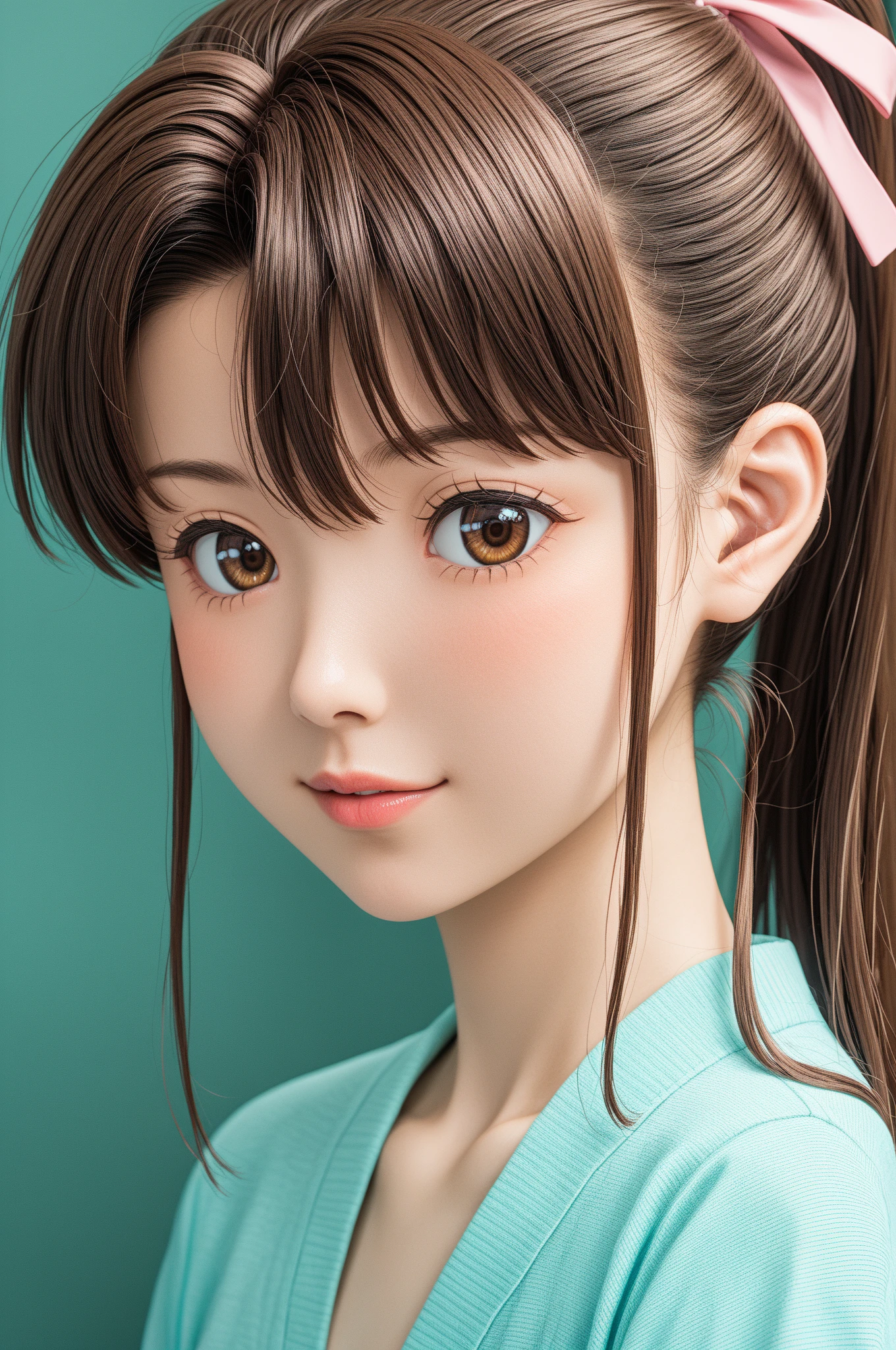 1girl, :d, bangs, beige sweater, blue sailor collar, breasts, fang, green eyes, large breasts, looking at viewer, medium breasts, neckerchief, open mouth, sailor collar, sidelocks, skin fang, sleeves past wrists, smile, solo, thick eyebrows, white background, white neckerchief