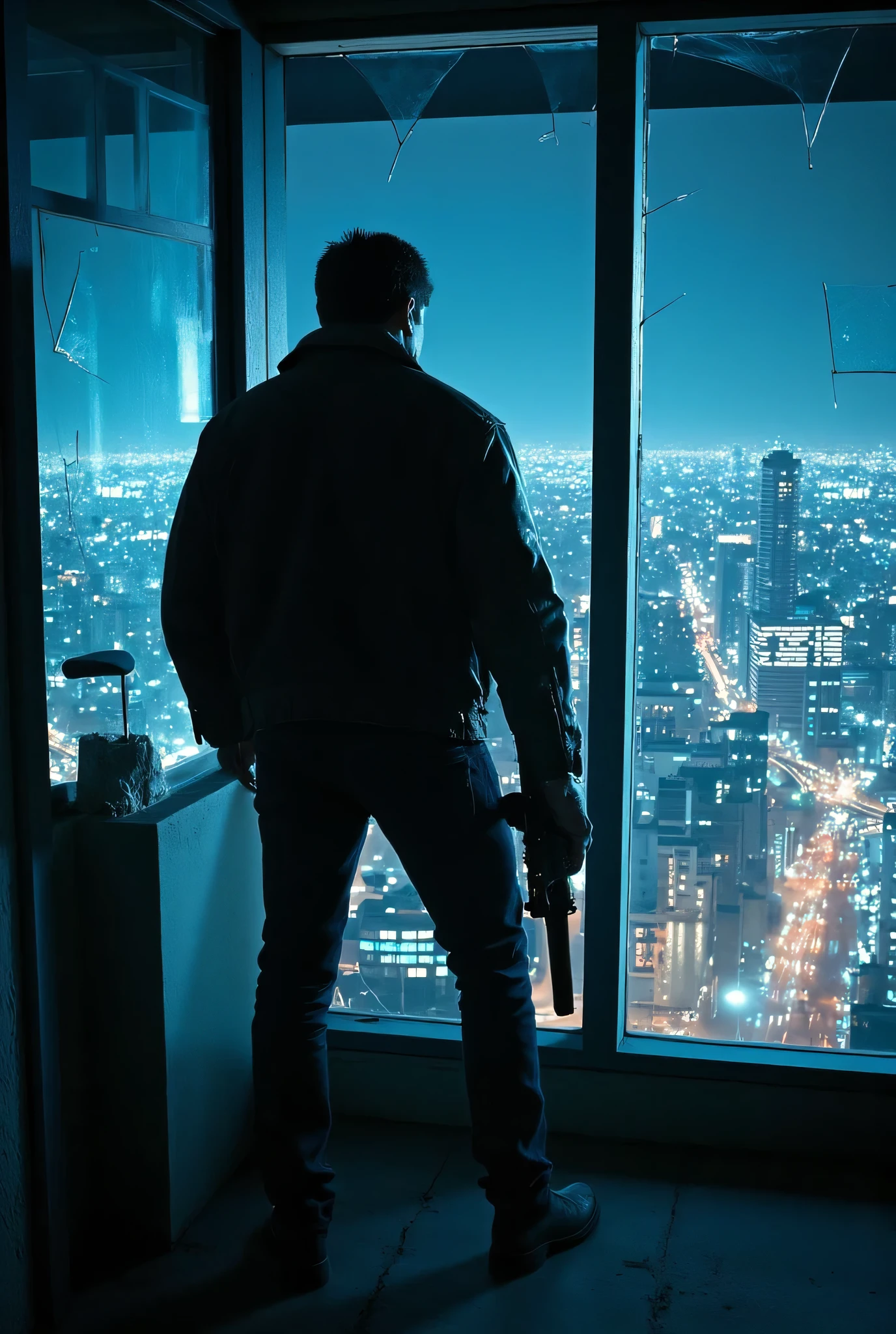 men up and down in a leather jacket recognize the outside through a glass window on the 3rd floor of a 4th floor building,standing with a weapon from a broken glass area,starting control with a plasma rifle,Man looking outside from a late-night building,,illuminating the darkness with countless lights,