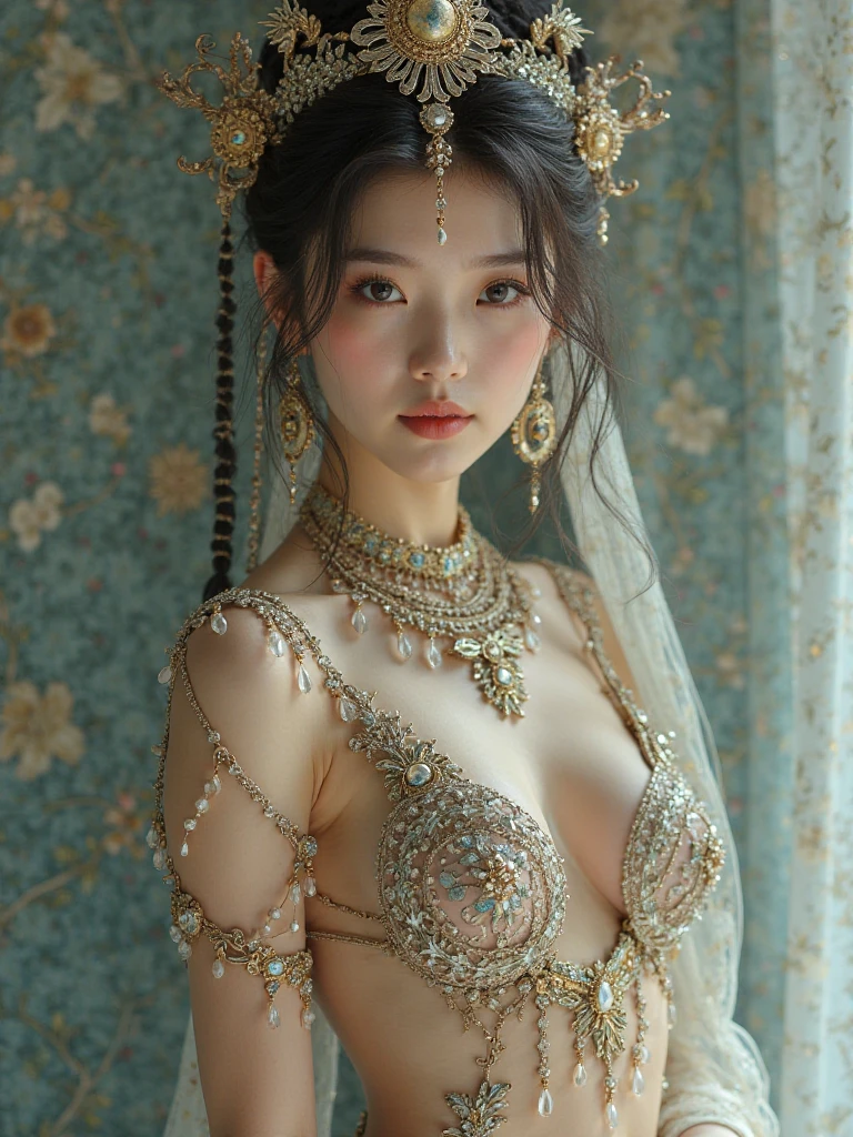 (masterpiece:1.5), (((top quality, best quality, high quality))), ((intricately detailed, ultra-detailed, insanely detailed)), highres, 32K, extremely detailed unity CG 8K wallpaper, (beautiful and aesthetic:1.2),, (depth of field:1.3), (immaculate:1.3), (delicate detailed depiction:1.4), (photorealistic:1.4), (realistic:1.3),
(((brilliant full lighting, luscious vibrant colors))), (ambient volumetric backlighting:1.5), (deliberate illustration of the most beautiful woman:1.5),
(cowboy shot:1.4), ((sharp focus:1.3)), (perfectly centered:1.4), (natural willowy posture:1.5), (((dynamic pose, cinematic angle))),
(1girl:1.5), (solo:1.4), (exotic dancer:1.4),
beautiful gorgeous face, [(detailed face:1.2):0.2], bright eyes, pureerosface_v1,  ulzzang-6500-v1.1,  (closed mouth:1.5), (red lips:1.4), (full lips:1.4), (alluring expression:1.5), sliced bob, <lora:sliced_bob-2.0:0.75>,  
attractive flawless body, (((pronounced feminine curves))), (pale skin:1.5), bright glistening skin, realistic skin, skin pores,  (((toned belly, navel, groin:1.3))), narrow waist, 
wrenchmandarincharm, hanfu,   <lora:wrenchmandarincharm:0.8>,  (sparkling exquisite clothes:1.3), (explicit costume:1.5), (((gems-adorned detached collar))), (fabrication glitters:1.5), (luxury intricate clothing jewelries:1.5), (jeweled embroideries:1.4), (clothing sparkles:1.4), (sparkling particles:1.3), (((sagging front seam, sagging hind seam))), (((earrings, armlets, hairclip, hair ornaments))),   
(walking in an outdoor magical alluring garden decorated with jewelries and gemstones and exotic flowers:1.5), (outdoors:1.5), (surreal delicate background:1.5), (intricate complex scene:1.5), (magnificent landscape:1.5), (breathtaking spectacular scenery:1.5), <lora:detail_slider_v4:1.8>,  <lora:Spring Festival:0.5>