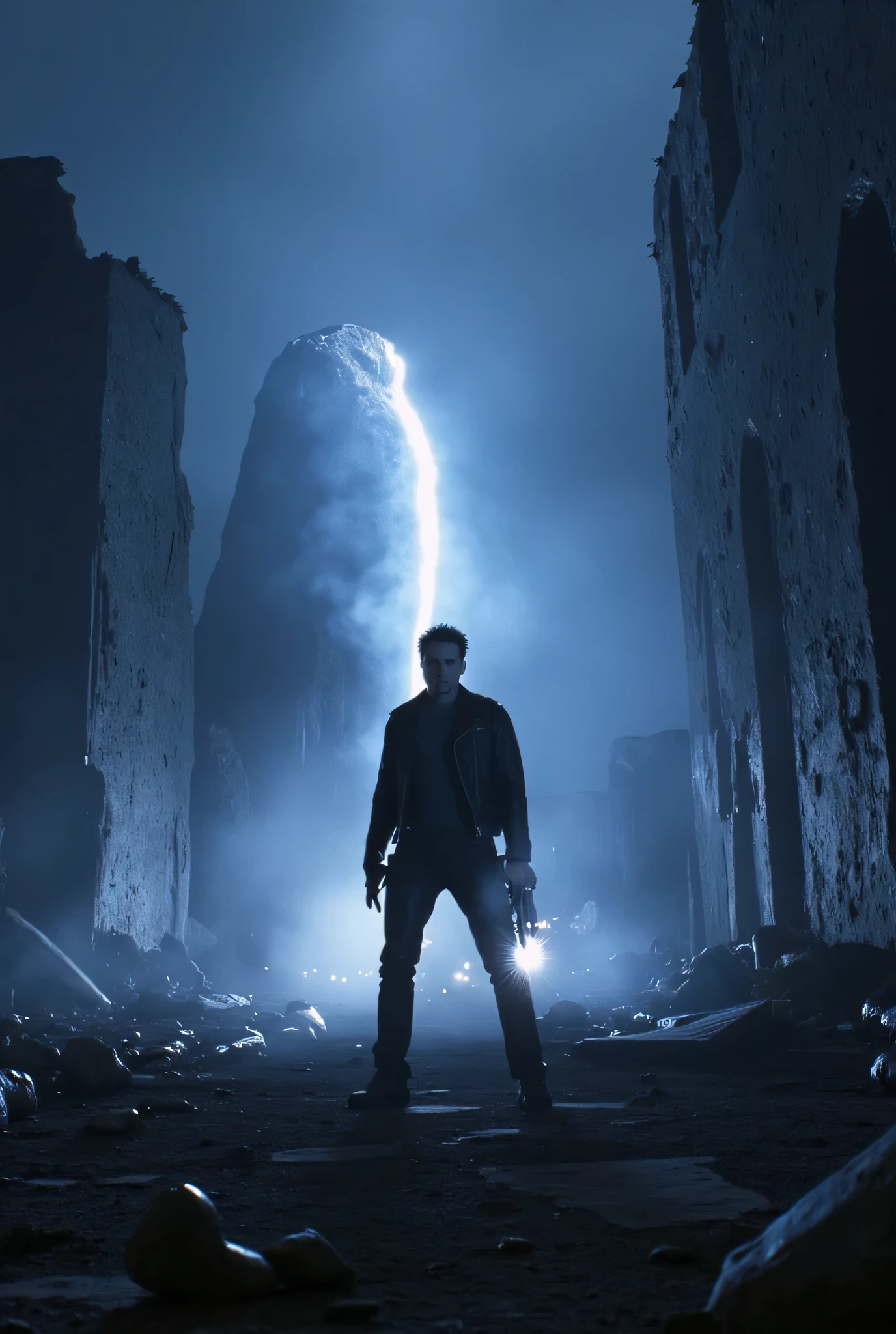 A man standing in a broken building illuminating a light,in the shadow of a rock,A man in a leather jacket is standing with a weapon,A man starting control with a plasma rifle is standing,,Midnight Building,,Illuminating the darkness with countless lights,