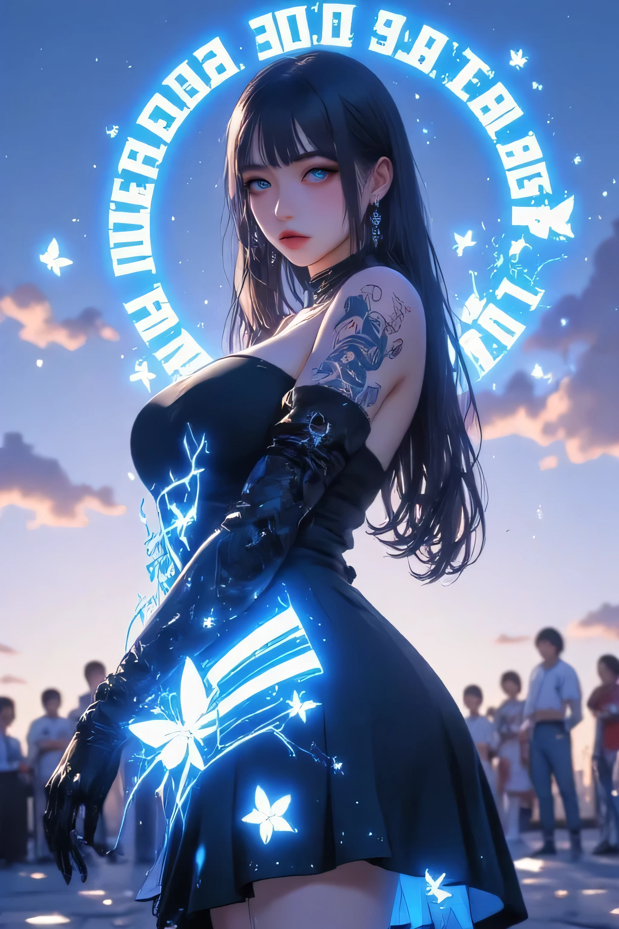 Stylized anime-style art work with characters with blue light effects,set against a beautiful sky background.,1Girls,alone,Dress,glove,jewelryผม,elbow glove,boobs,watching the audience,Open back dress , black Dress,black glove,ผมสีดำ,backless Dress,Earrings,jewelry, obscured ,Looking back on the past ,English text,Blue Eyes,long hair, stance,bang,Shining Light,Glowing butterflies around,high-angle image
