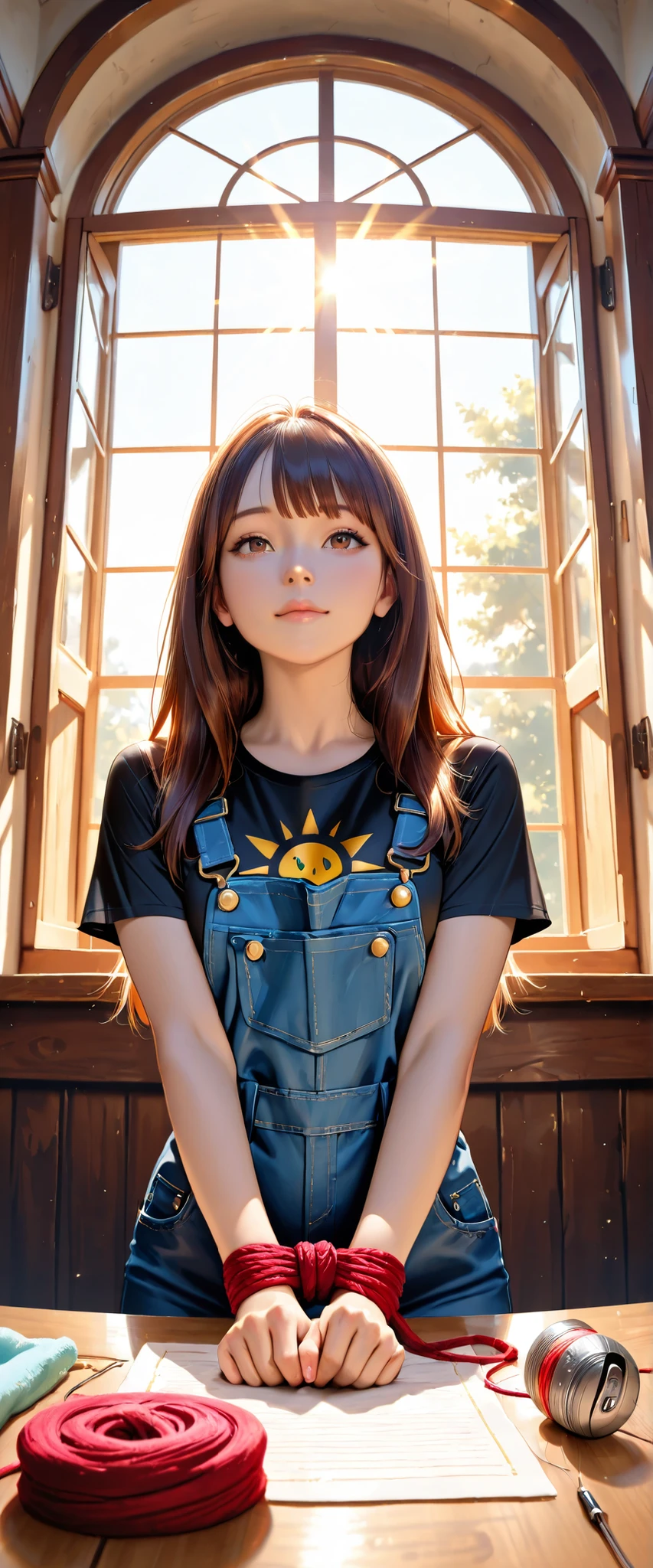 ((RAW Photo), Absurds, (Absurd Resolution)), ((Hyperrealism, Photorealistic)), (beautiful girl, 21 years old), (brown eyes), (long hair tied up, bangs, black with gold trim), (outfit: work overalls, tight t-shirt), (hardworking, arrogant), ((she is a seamstress, sewing a huge button on a giant piece of fabric)), (background: large window, sun rays coming through the window), (View: Photographic Perspective). «SunPuma S»