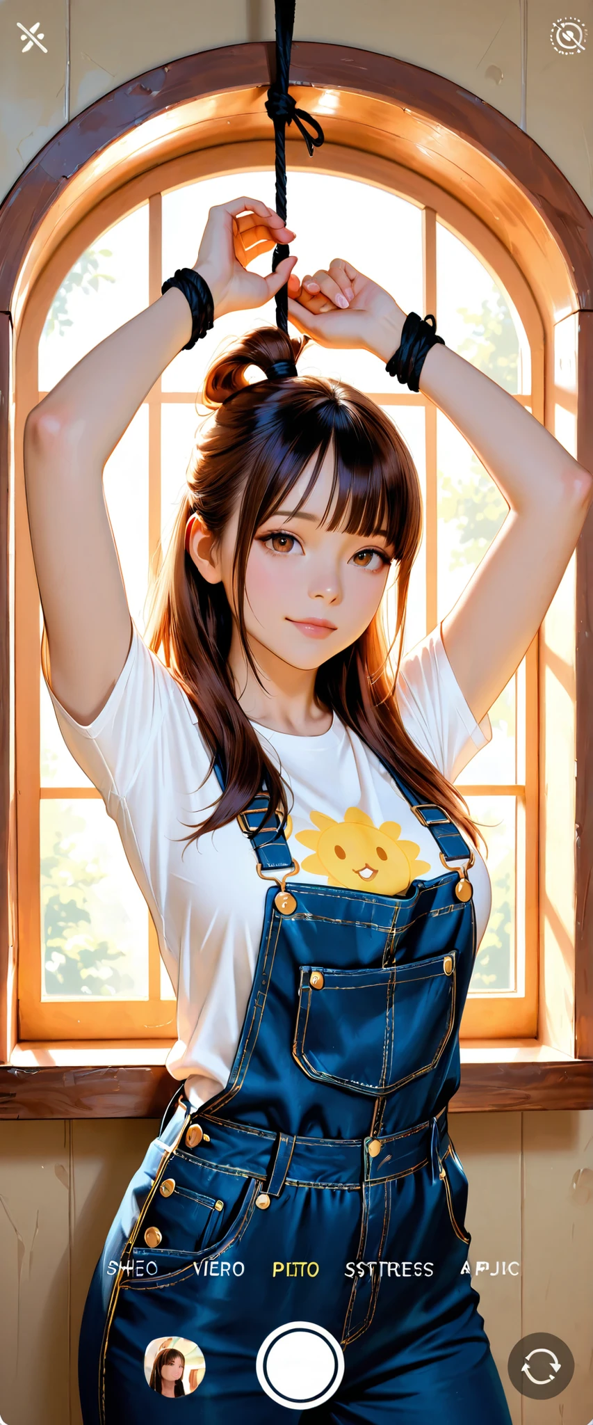 ((RAW Photo), Absurds, (Absurd Resolution)), ((Hyperrealism, Photorealistic)), (beautiful girl, 21 years old), (brown eyes), (long hair tied up, bangs, black with gold trim), (outfit: work overalls, tight t-shirt), (hardworking, arrogant), ((she is a seamstress, sewing a huge button on a giant piece of fabric)), (background: large window, sun rays coming through the window), (View: Photographic Perspective). «SunPuma S»