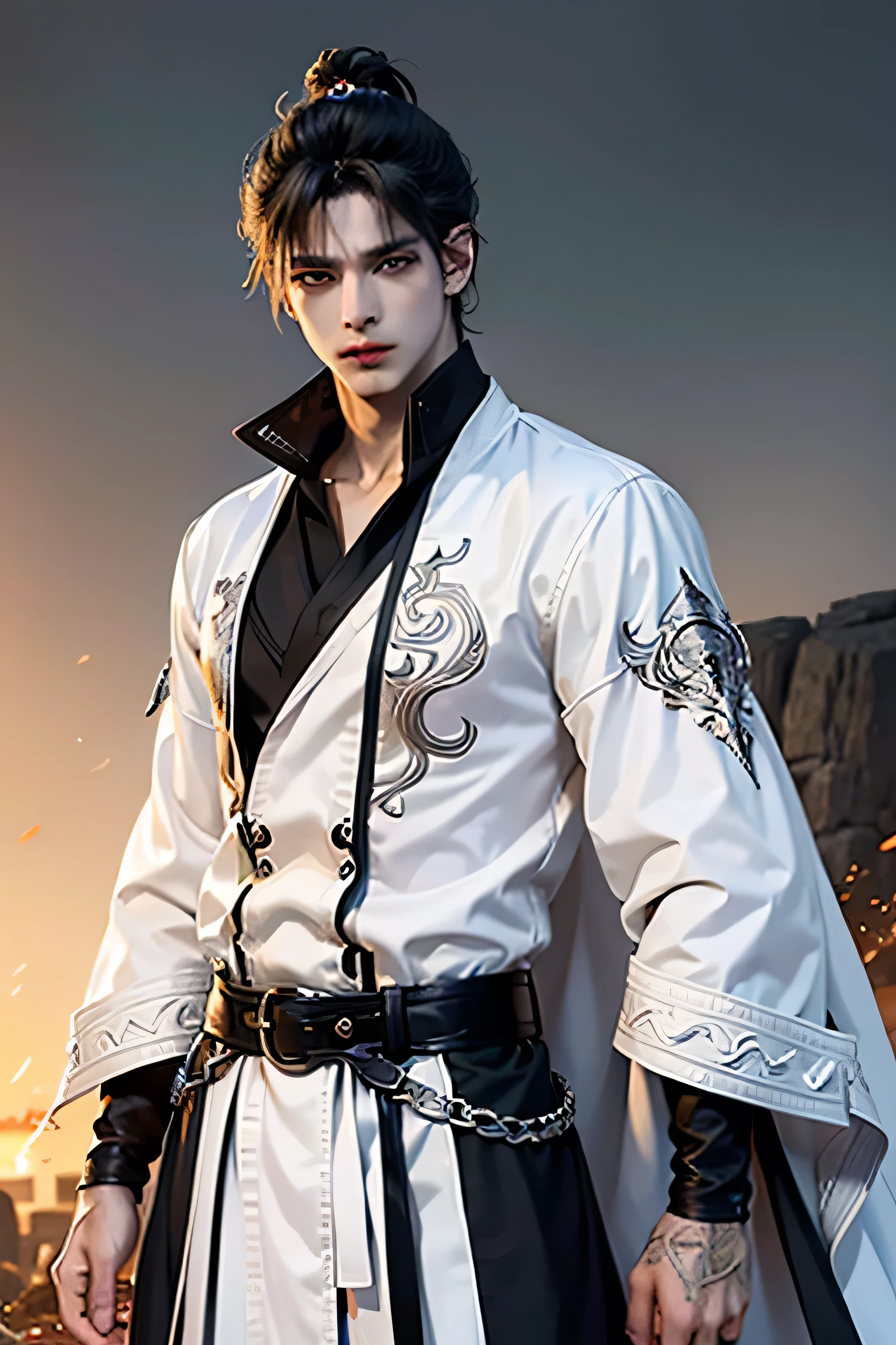 (((1 man 25 years old))), anime character with short messy hair, extremely messy black hair, handsome man in demon art, badass anime 8k, detailed digital anime art, human male demon, portrait of hades, fierce expression 4k, perfect eyes, perfect skin, demon male, extremely detailed artgerm, wearing white heavy metal jacket, white shirt, white pants, white robe, one hand in the pocket