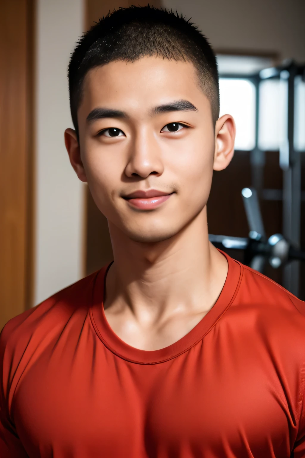 18-year-old male、Japanese、handsome guys、Macho、athlete、Smile Yan、plain red clothes、Shaved head、Gym