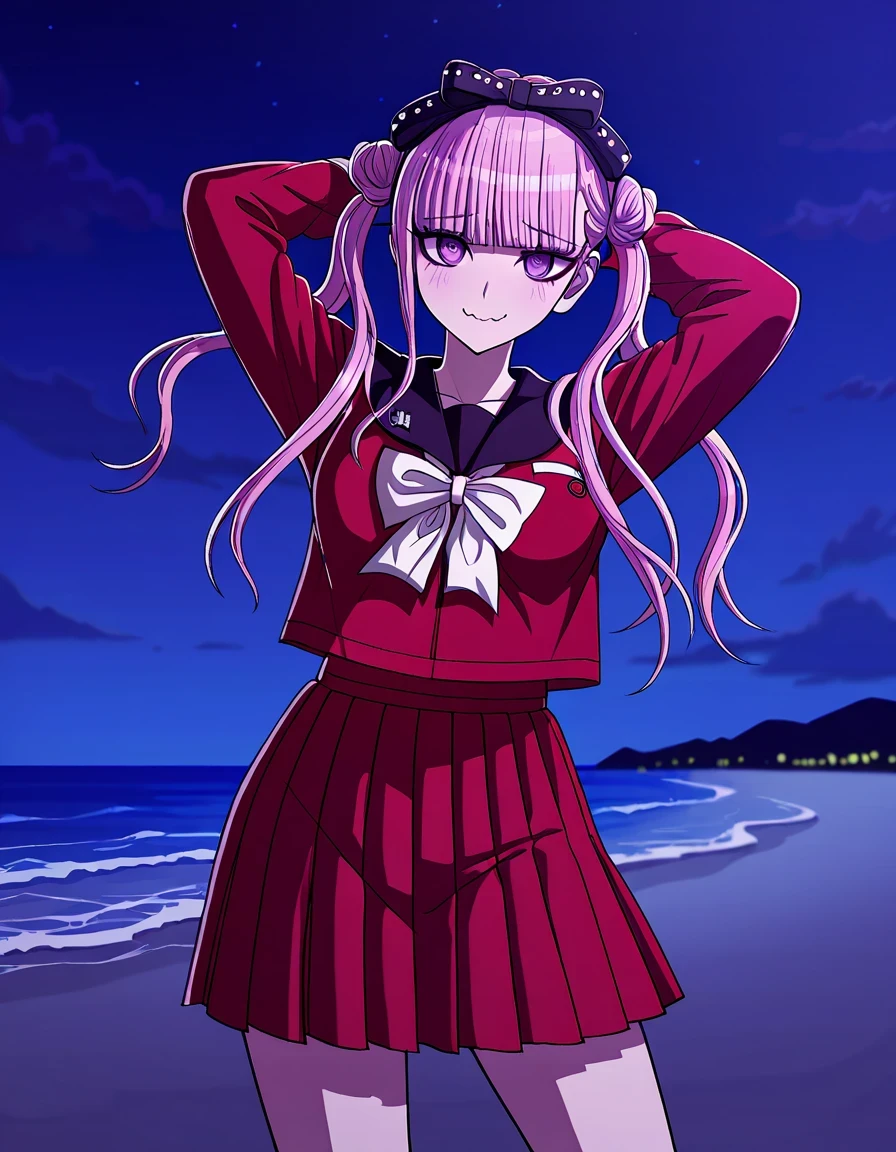 kako, pink hair, purple eyes, twintails, double bun, bow, blunt bangs, red serafuku, black sailor collar, red skirt, anime coloring, high quality, closed mouth, solo, cowboy shot, night sky, beach, arms behind head, ((contrapposto)), looking at viewer, smile, wavy mouth, shy, best quality,