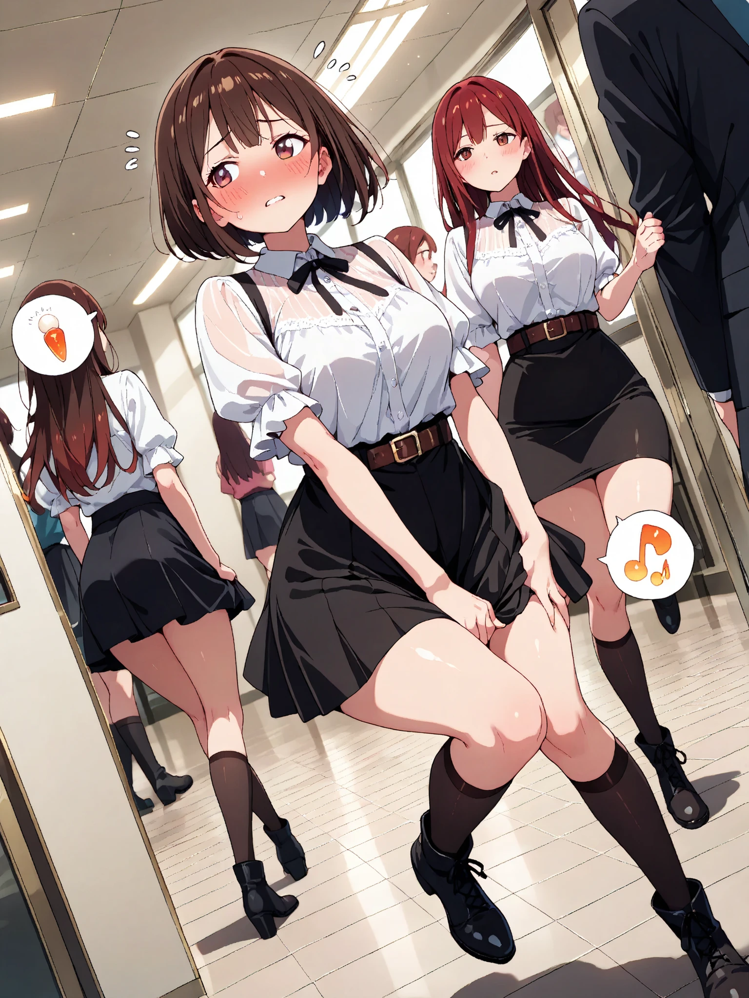 score_9, score_8_up, score_7_up, score_6_up, score_5_up, score_4_up, 8K, extremely detailed beautiful curvy body girl, (extremely detailed and high-quality illustration), (best lighting effects, ultra-realistic), BREAK, (several young girls), waiting in a line, long bathroom line, beautiful medium breasts, shiny skin, (flipped-out bob), (sheer short-sleeve blouse, high-waisted flared skirt with clean hem; thin pearl–strand belt at natural waist, knee-high socks, ankle boots), (she forced to hold her pee), (trying her best to hold pee in:1.3), (expression of worried and panic), (squinting:0.8), parted lips, (urgent in deep panting), spoken filled bladder, (Impatience:1.2), (embarrassed), humiliated, learning forward, (fidget pee dance:1.2), Quickly shifting from foot to foot standing on one leg, double-cross legs, (skirt squeeze thighs:1.5), (She focuses only intense hold her crotch:1.4), full body, dutch angle,