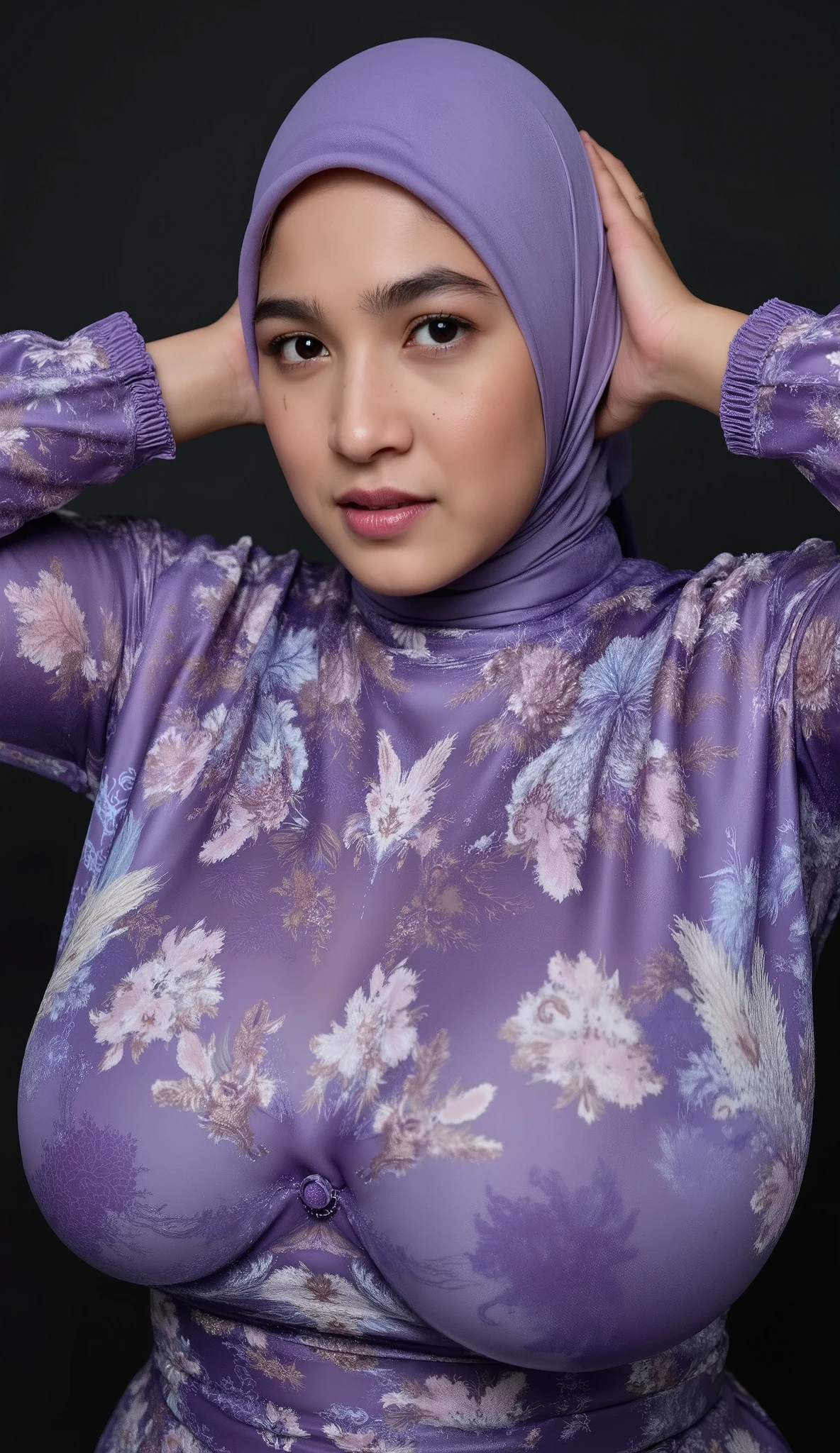 A girl FaisaCh with crafted bold flower patterned large simple instant bergo satin hijab. She is looking at the viewer with bright and loving eyes. She is leaning forwardal. Close-up of sexy body, very detailed. She is wearing a perfect wet soft sweater. Hasselblad H6D-400c MS, low exposure, big breast, huge breast, big arms, high contrast, ISO 100, with a 120mm macro lens. bulky belly, bulky breast, milky breast, breast larger than head, huge breasts, wrinkled breast, veiny breasts, lactating, montgomery glands, bright skin, gigantic breast, fat super breast, huge triplet breast, massive nipples, massive gigantomastia, macromastia, inverted nipples, exaggerated gigantic areolas, dark areolas, areolas visible, jiggling breasts, plump lips, ultra detailed breasts, saggy breasts, standing model pose 3/4 body, breast moles, mega cleavage, navel exposed alabaster skin, horny face, seductive face, ( Close Up),RAW, Best quality, high resolution, works: 1.3). In dark photo studio. All body covered with hijab and featherly sweater. Hands up behind her head.