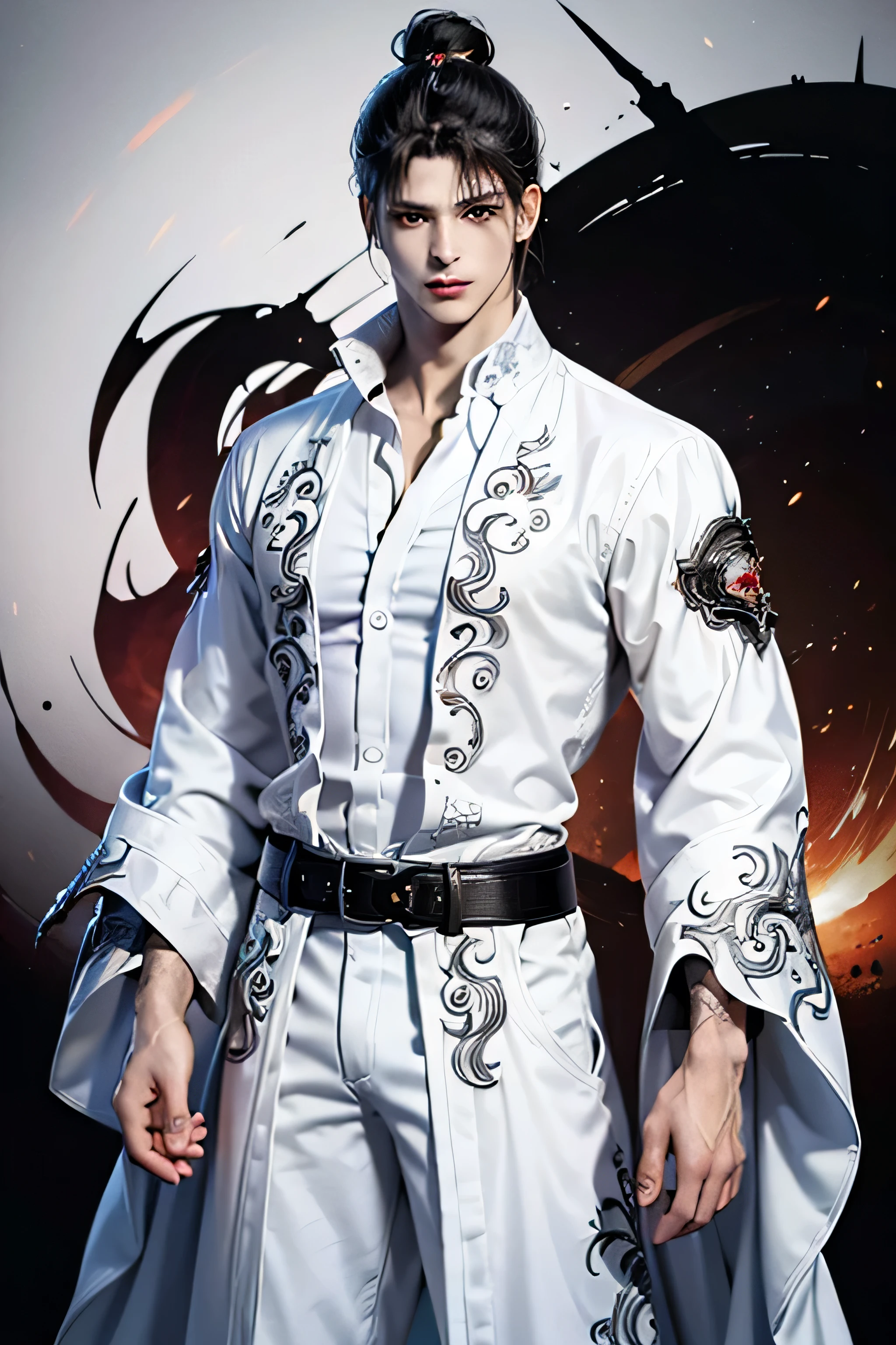 (((1 man 25 years old))), anime character with short messy hair, extremely messy black hair, handsome man in demon art, badass anime 8k, detailed digital anime art, human male demon, portrait of hades, fierce expression 4k, perfect eyes, perfect skin, demon male, extremely detailed artgerm, wearing white heavy metal jacket, white shirt, white pants, white robe, one hand in the pocket