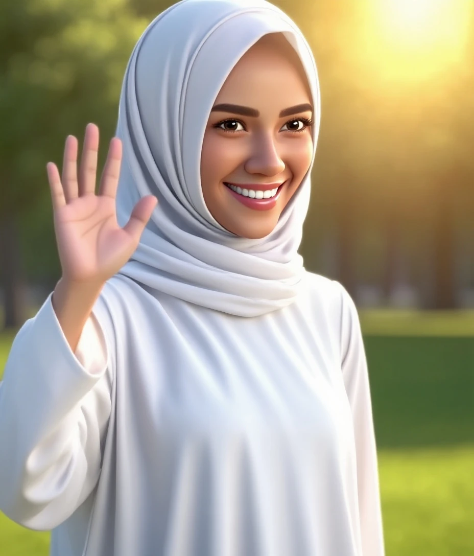 a beautiful woman wearing hijab, smiling, looking at camera, traditional market in background