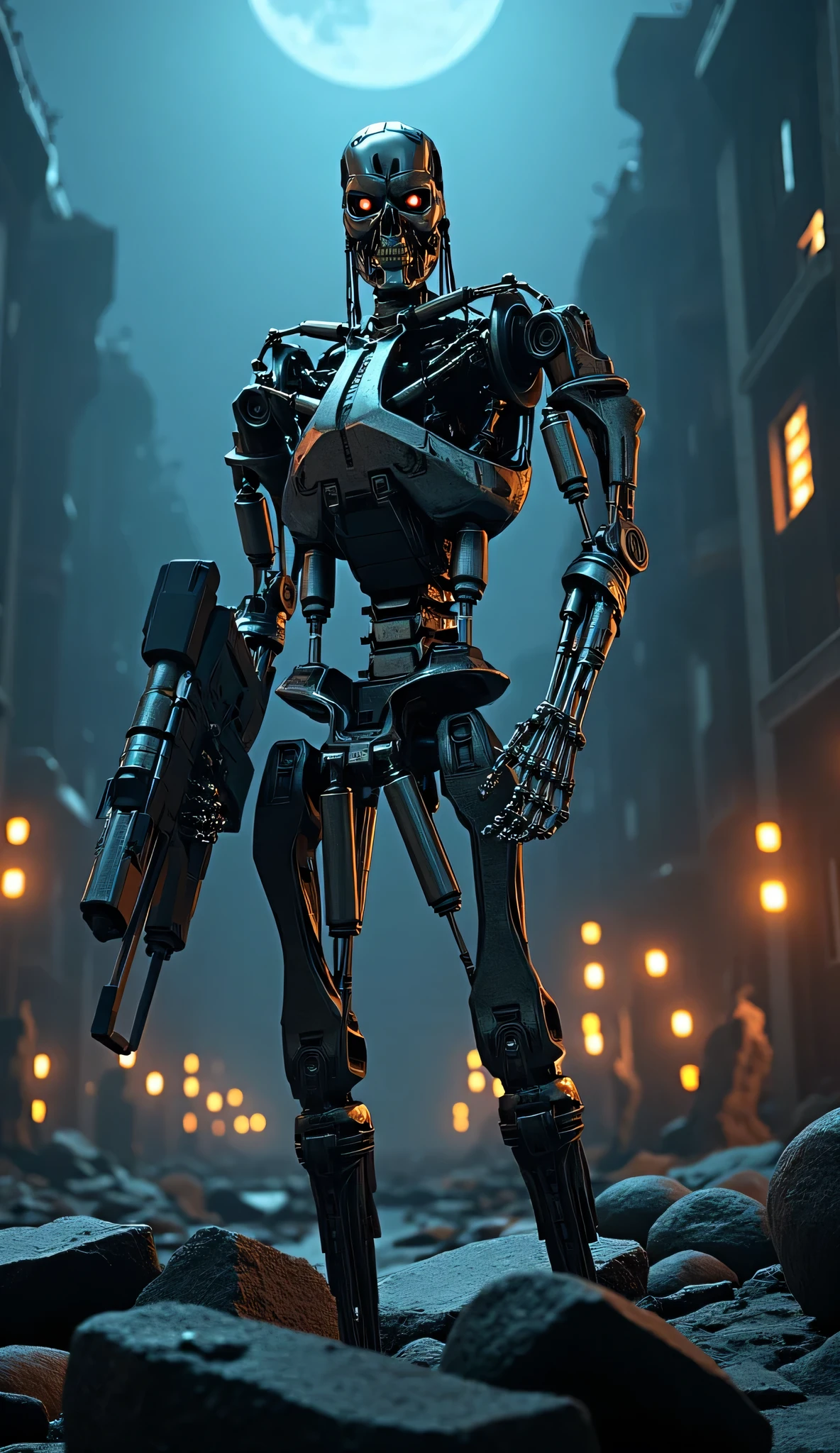 Can you draw an endoskeleton looking at me,can you draw an endoskeleton holding a plasma rifle,,can you draw an endoskeleton standing in the ruins at midnight,standing on the rubble,illuminating the darkness with countless lights,solo、