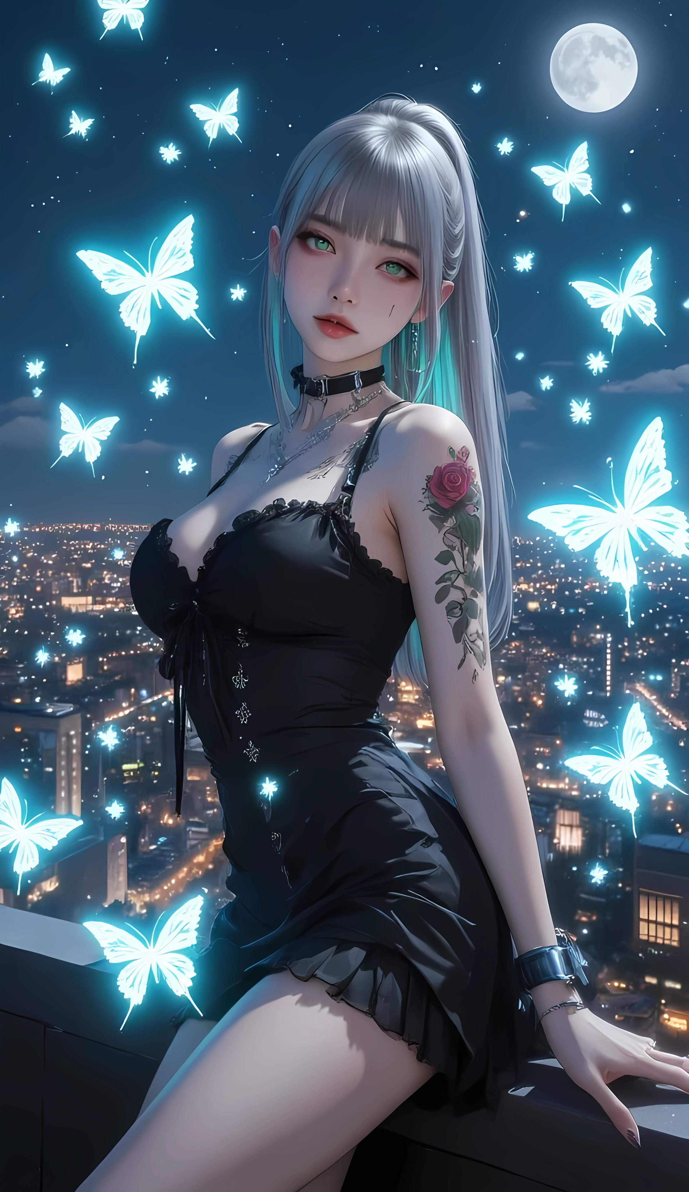 ((mini boobs:2.0)), ((silver hair graying shades of green:2.0)), bellyurdly long hair, ((High ponytail:2.0)), (long legs:2.0), (skinny woman:1.0), ((l green and pink eyes:2.0)), (Full height1.5), (muscles:2.0), (belly:2.0), , athletic, and slim body, inches high resolution, A woman, high-contrast face, perfect face, hand detail, (Glowing Skin:0.7), (rose tattoo on the thigh:1.2), break, (((black frilled dress:2.0)), head band, goth short dress, shorts))), ((butterfly with blue lightning:2.0)), ultra resolution , rendered in very high detail, Quality 16K, (images:2.0), (ภาพimages:2.0), (Professional Lighting:1.4), (Very late:2.0), (, starry sky and full moon:1.5), high-rise deck Cityscapes, Many glowing butterflies around.