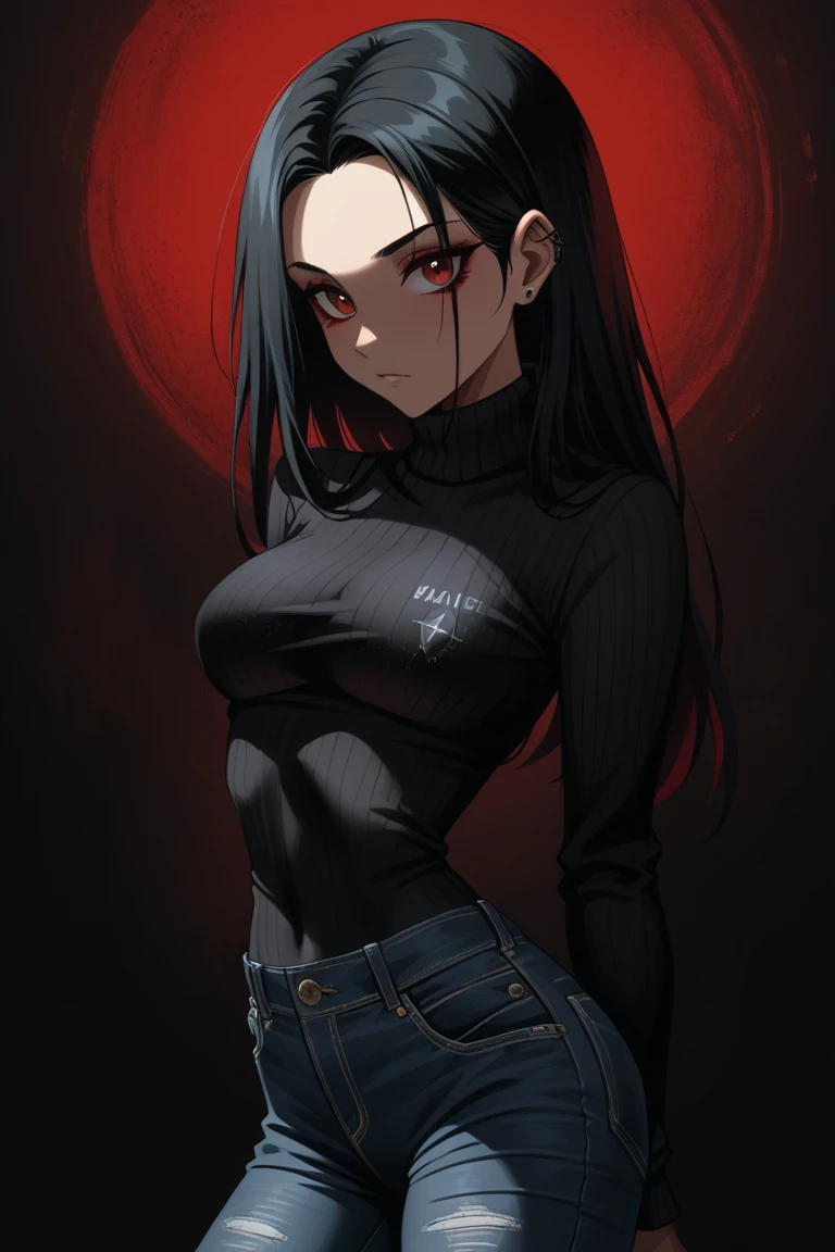 source_anime, 1girl, solo, score_9, score_8_up, source_anime, BREAK, cowboy shot, cold gray background, (water), calm water, 1girl, 21yo, (short), beautiful, woman, solo, heavy black eyeliner, eyelashes, beautiful face, (blush:1.7), cute smile, black lipstick, (freckles:1.4), (red eyes:1.5), black rabbit ears, unusual pupils, flower shaped pupils, shiny skin, (large breasts:1.25), curvy, (thick thighs), (narrow waist:1.0), hips, (licorice black hair:1.5), red tinted hair, very long hair, straight hair, twintails, looking at viewer, shrug hoodie, black bodysuit, (high waisted bodysuit), (cleavage), inner sideboob, (sideboob), exposed hips, (thighhighs), thigh strap, harness, straps, belts, dark_techwear, csr style, Nyantcha style, blushyspicy, Rocco Style, Expressiveh, <lora:ç¦è¶_XL_PONY:0.9>, (contour lines), lineart,