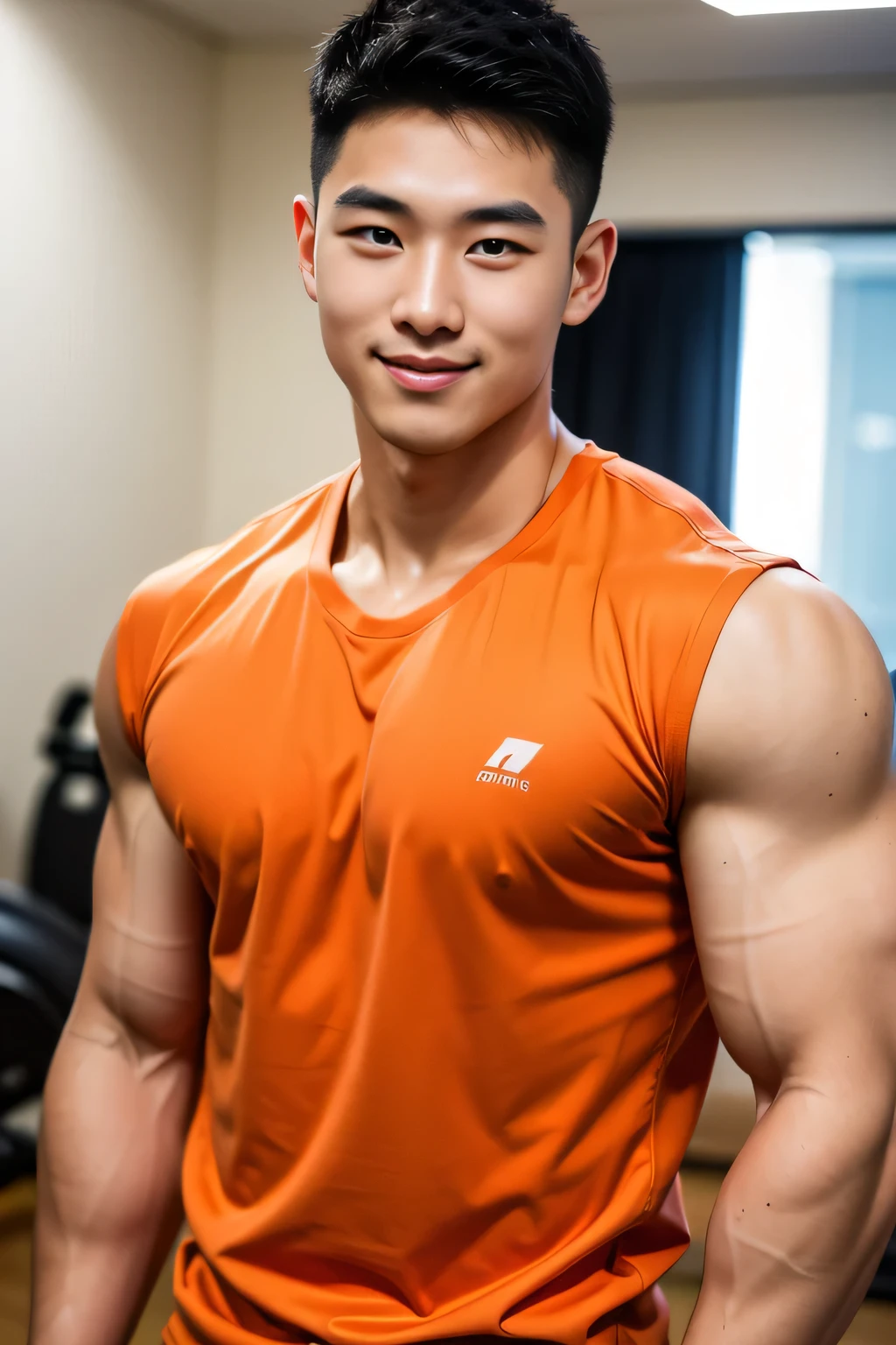 18-year-old male、Japanese、handsome guys、Macho、athlete、Smile Yan、plain orange clothes、Shaved head、Gym