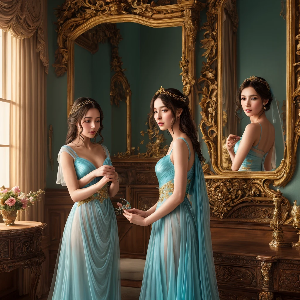 A captivating cinematic photo illustrating an exquisite Art Nouveau-inspired Fabergé-style gecko, meticulously crafted from a mesmerizing amber gemstone. The gecko, adorned with intricate silver filigree details, graces the shoulder of a woman dressed in a vintage grey-blue chiffon gown. The background reveals a tastefully designed room with a subtle color palette, harmoniously blending with the luxurious chameleon and exuding a sense of timeless elegance., cinematic, photo