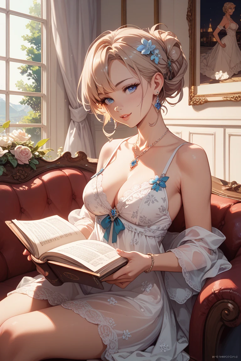 High-resolution photos，A little girl，Big round breasts，Reading in the study