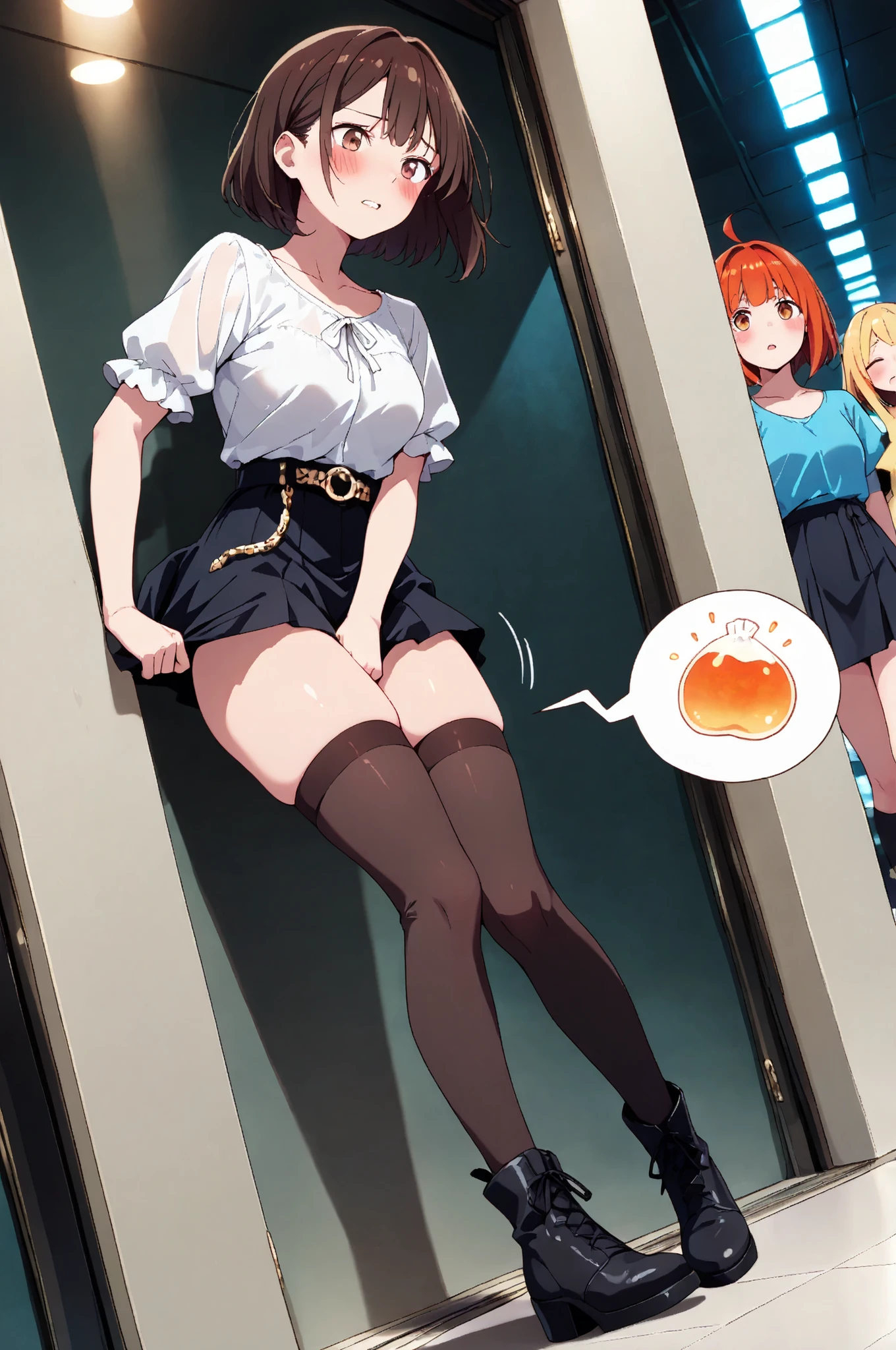 score_9, score_8_up, score_7_up, score_6_up, score_5_up, score_4_up, (extremely detailed and high-quality illustration), (best lighting effects, ultra-realistic), BREAK, (several young girls), waiting in a line, long bathroom line, beautiful medium breasts, shiny skin, (flipped-out bob), (sheer short-sleeve blouse, high-waisted flared skirt with clean hem; thin pearl–strand belt at natural waist, knee-high socks, ankle boots), (she forced to hold her pee), (trying her best to hold pee in:1.3), (expression of worried and panic), (squinting:0.8), parted lips, (urgent in deep panting), spoken filled bladder, (Impatience:1.2), (embarrassed), humiliated, learning forward, (fidget pee dance:1.2), Quickly shifting from foot to foot standing on one leg, double-cross legs, (skirt squeeze thighs:1.5), (She focuses only intense hold her crotch:1.4), full body, dutch angle,