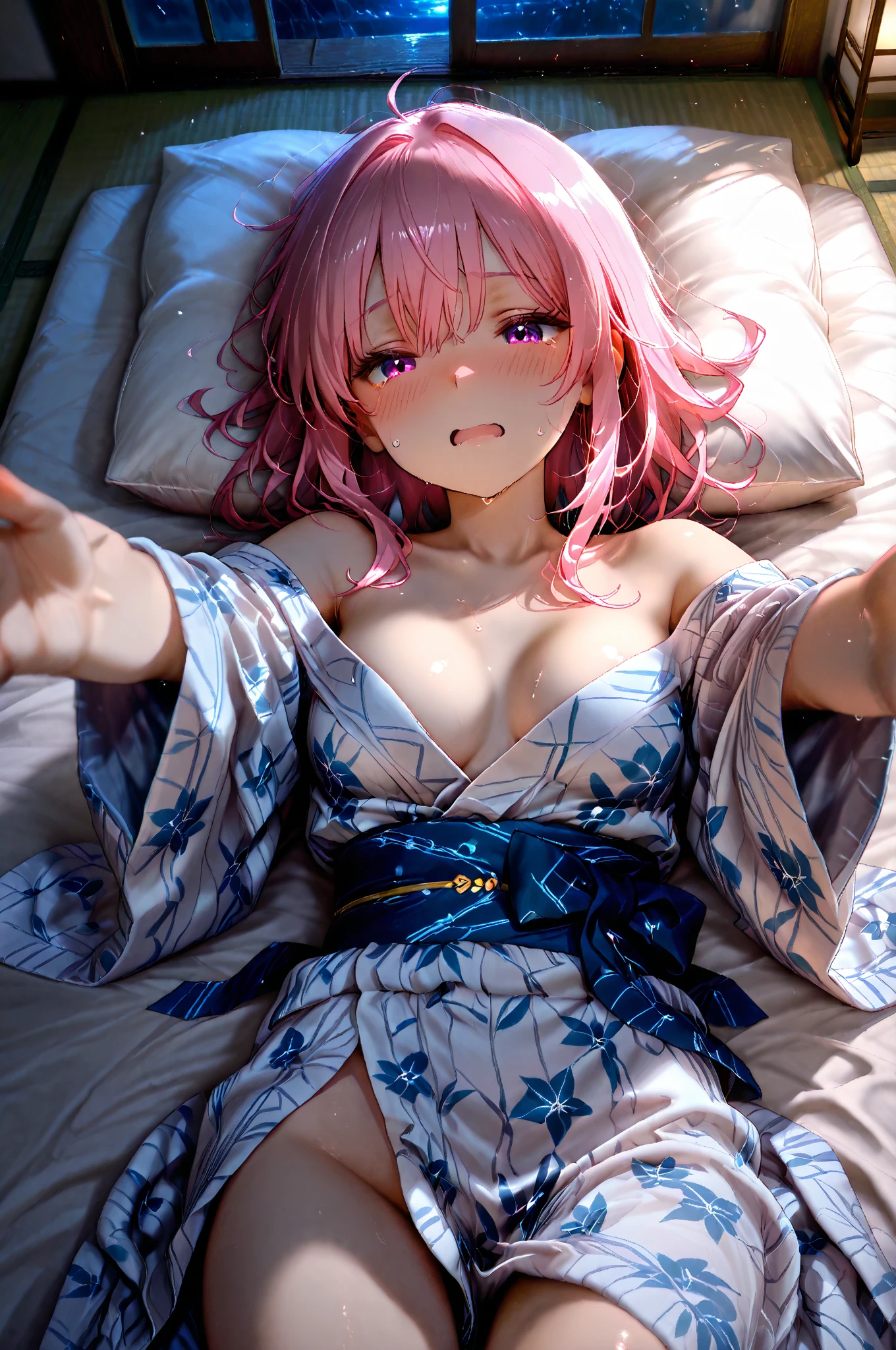 (8K、masterpiece、Highly detailed background、high resolution)、(mitsuri kanroji)、Cleavage、(On the bed、yukata、Gravure pose、underwear)、((NSFW))