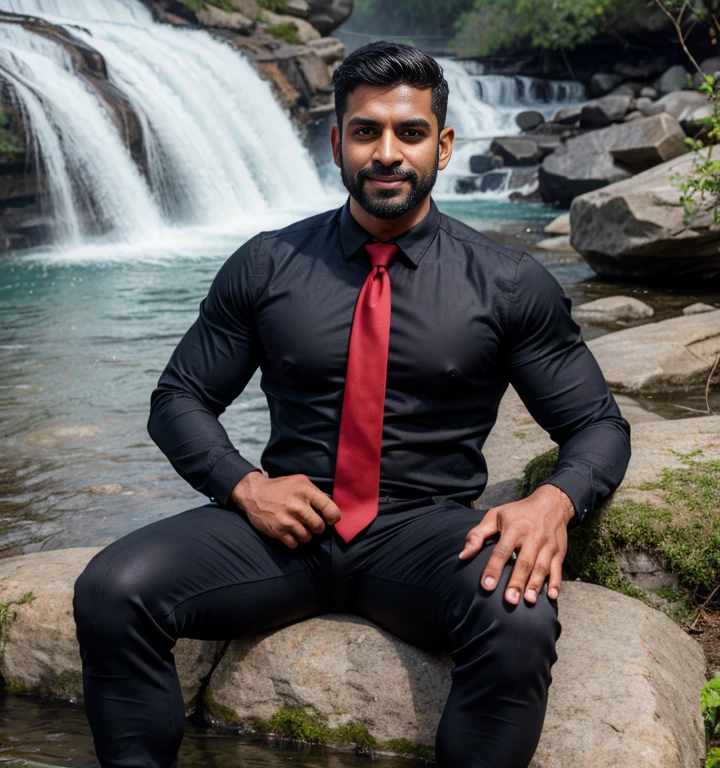 A sexy indian man wearing a tank top, penis,homoerotic, messy hair, detailed face and eyes, head to thighs on focus , in a dark forest, (handsome face ),nsfw, serious expression , angry expression ,