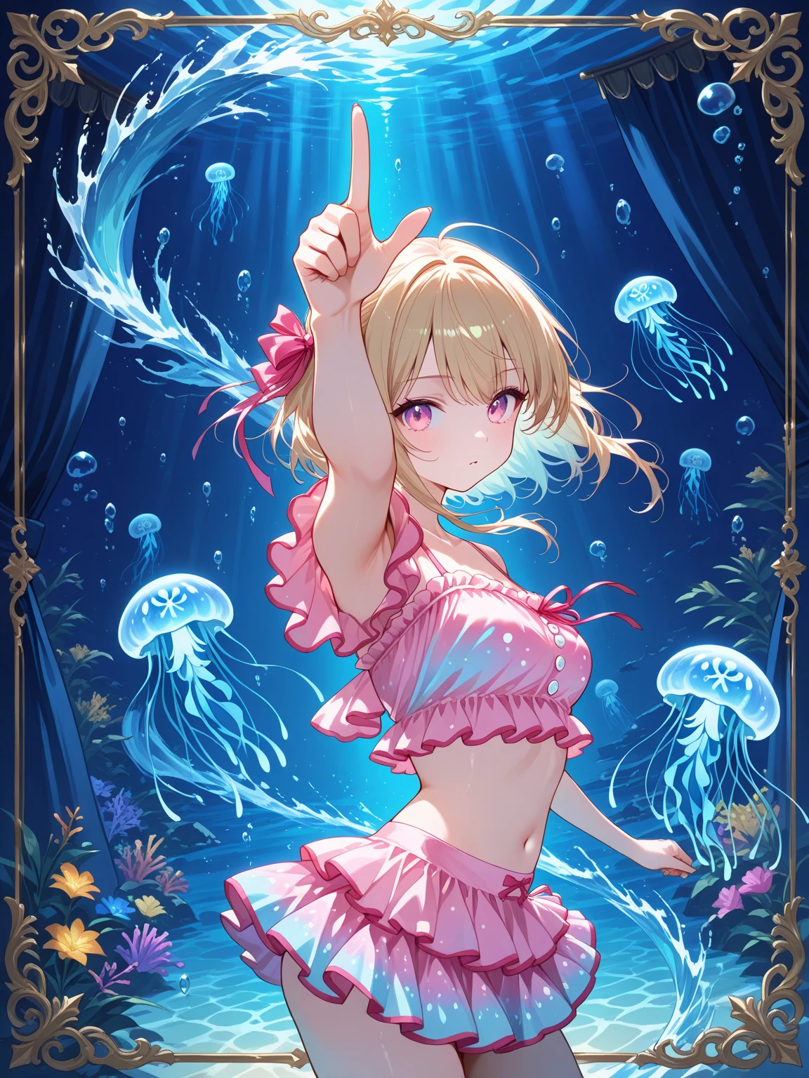 jellyfish hat, jellyfish nipple seal, nipple seal and jellyfish fusion, brown skin, active pose, natural luminescence, neon, pigtails, small breasts, lower breasts, female brat, thick eyebrows, thin waist, beautiful blonde, braid, (masterpiece), ((highest quality)), (super detailed), girl, (beautiful eyes)), beautiful detailed eyes, clean and detailed face, five fingers, textile shading, perfect anatomy,