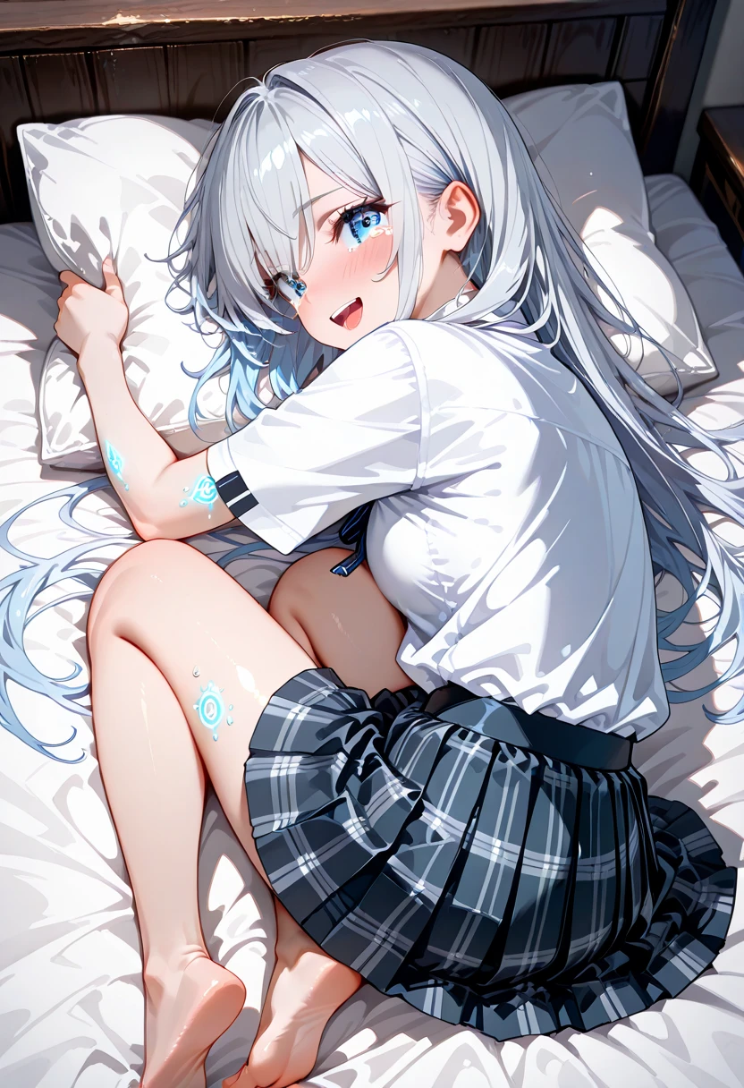 16 year old girl lying in bed,Very cute,She wears white knee-length socks,Shyly open your mouth,As if calling for an older brother。This is an Ultra HD,Megapixel quadratic,Anime-style graphics,It expresses feelings of liking and pleasure。Her face flushed,The eyes sparkle in the reflected light,Clear as retina。A white dress that was accidentally lifted high by the wind(It needs to be represented in a picture)So much so that I accidentally exposed the panties I saw(It needs to be represented in a picture)You can see it,She is lovely and pure
