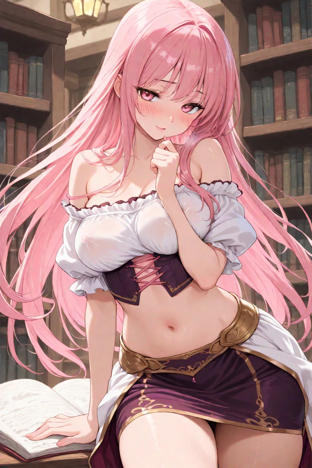 2heads, conjoined, (2heads:1.5), (saigyouji yuyuko:1.3), masterpiece, best quality, blue shirt, t-shirt, ((stomach)), midriff, ((groin)), blue skirt, normal ears, shackles, pink hair, very long hair, wavy hair, sidelocks, blue eyes, parted lips, single horn, sweat, red horns, desk, toned belly, hand on own chest, eyelashes, (25 year old woman:1.3), (masterpiece:1.4), (best quality:1.4), (beautiful detailed eyes), extremely detailed CG, extremely delicate and beautiful, depth of field, (finely detailed face), (perfect details:1.0), (mature female:1.3), wide pelvis, slender, large veiny breasts, sweat, (highest quality, amazing details: 1.25),