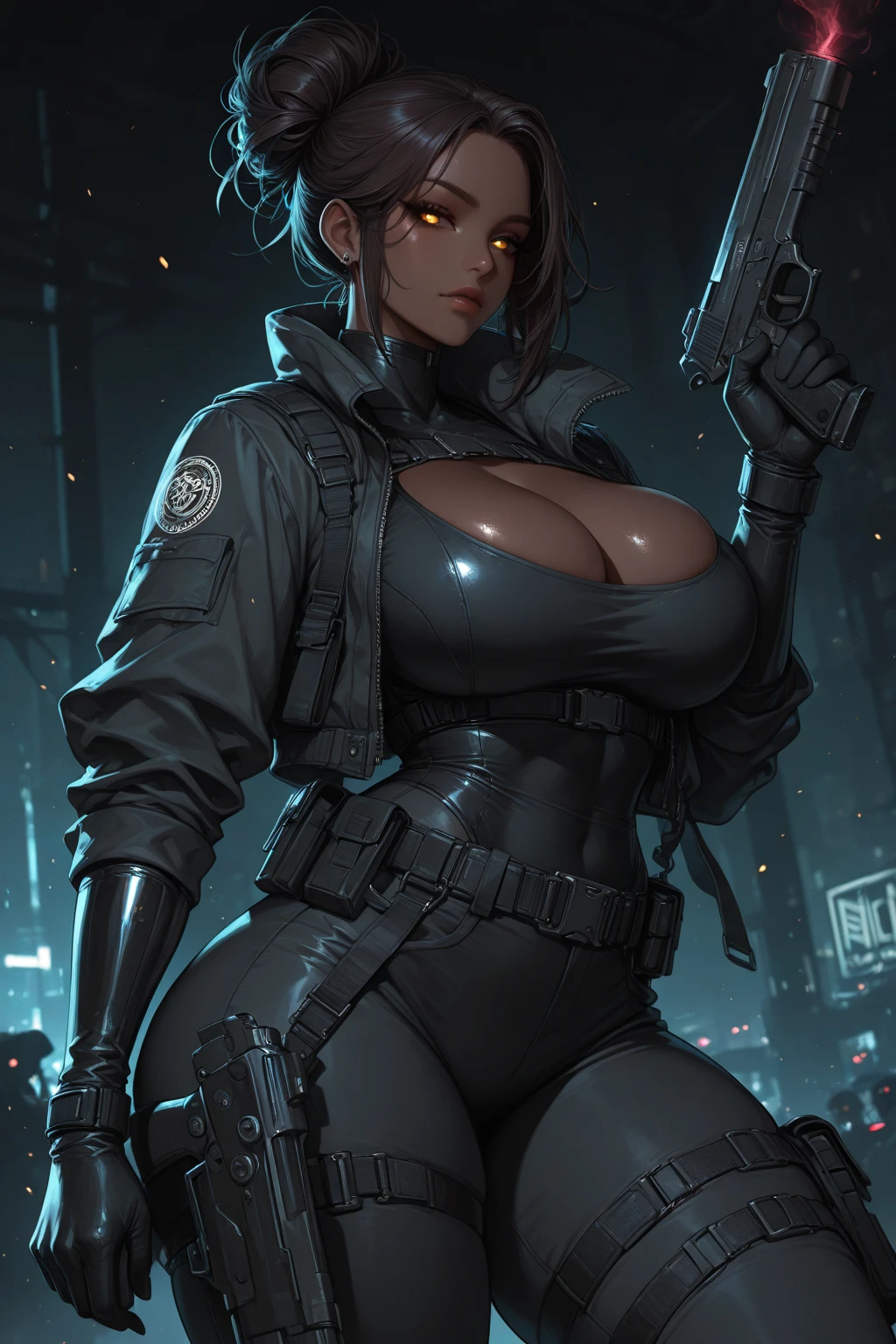 (masterpiece:1.2, highest quality), (Realistic, photoRealistic:1.4),1 female,Mature Woman,42 years old,(A female SWAT officer storms into a crime scene),(((Dynamic Movement))),(((Holding a rifle))),(Detailed rifle),(Muscular),(Huge breasts),(Thick thighs),(SWAT black combat bodysuit),(black bulletproof vest),(Black Tactical Forster),((Tactical Headset)),((Black tactical helmet)),(Black Combat Gloves),(The background is a group of buildings late at night:1.5),(((Background Blur:1.5))),(Serious),(The dazzling light of a searchlight),(((m4a1))),(((holding_gun,ak-47,akm,kalashnikov_rifle,assault_rifle))),(((m4a1))),(whole body:1.5),(((front:1.5)))