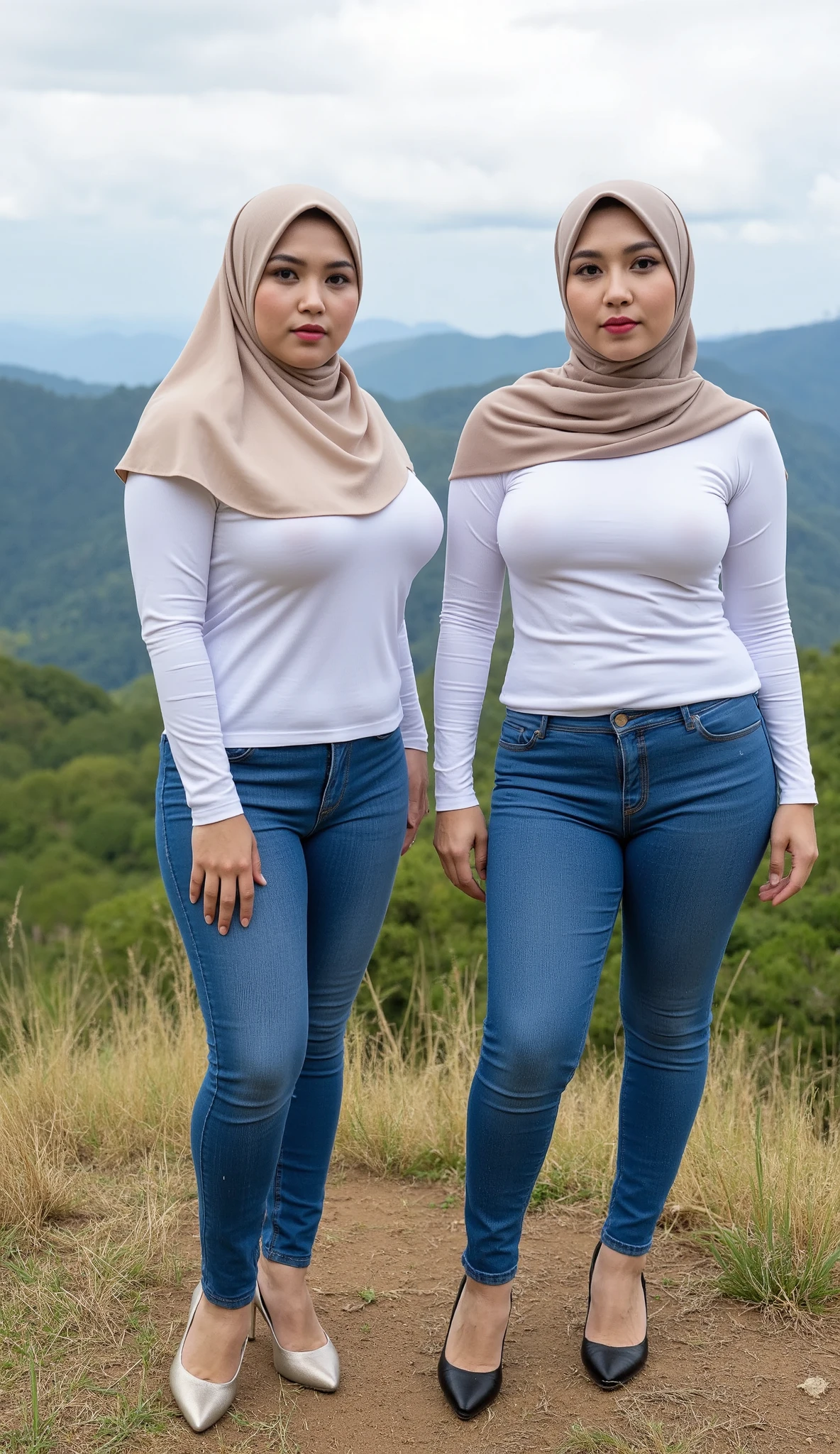 A milf wearing a hijab, Wear tight Croptop and wear short hot jeans, blank background, Photo profile WhatsApp