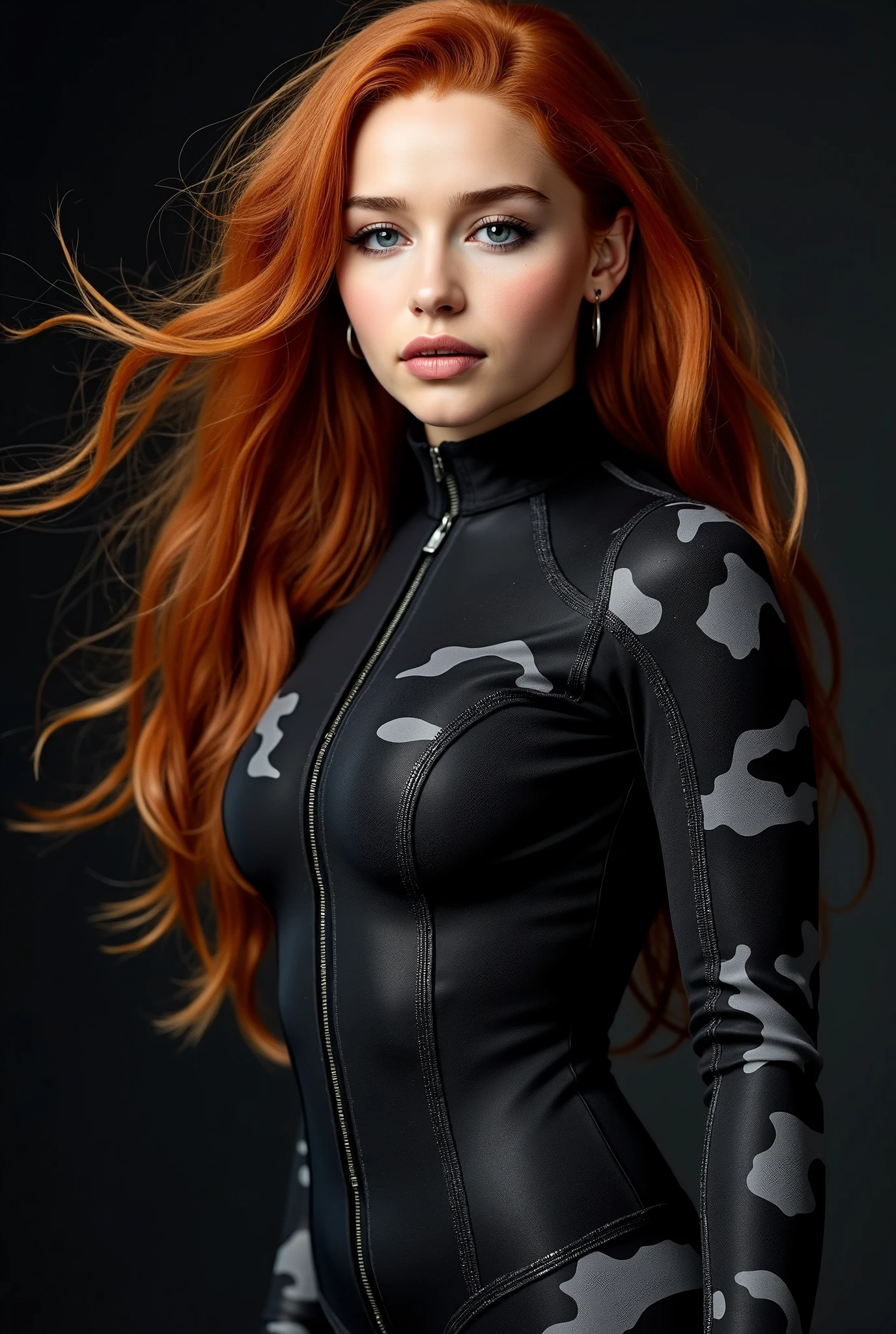 Precisely shaped black fabric camouflage suit shows every outline, strategic zipper details. Tiefrote, shiny lips open easily in breathless expectation, Intensive look through the lashes, wild hair frames the face. backside accentuated by a second skin rubber fit, Kampfstiefel, Add the border. studio lighting provides liquid shine on fabric. Pose, which hints at both mission and original wish Merida