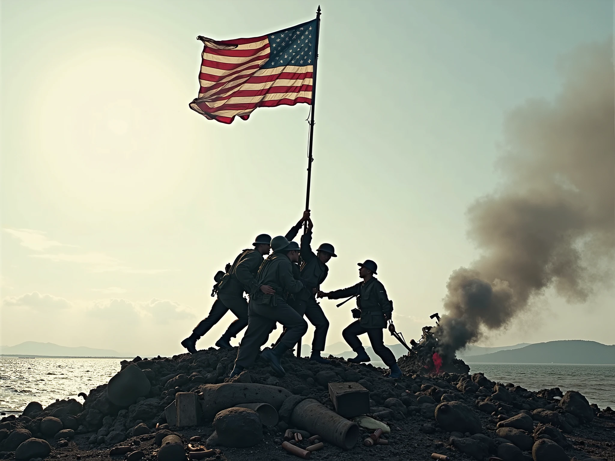 " Por favor, create an image that recreates the historic moment of the raising of the American flag on Iwo Jima, similar to Joe Rosenthal's famous photograph. Certifique-se de capturar os detalhes da paisagem montanhosa do Monte Suribachi, as well as the soldiers raising the flag with determination. The scene should be emotionally impactful and convey a strong sense of patriotism and heroism."