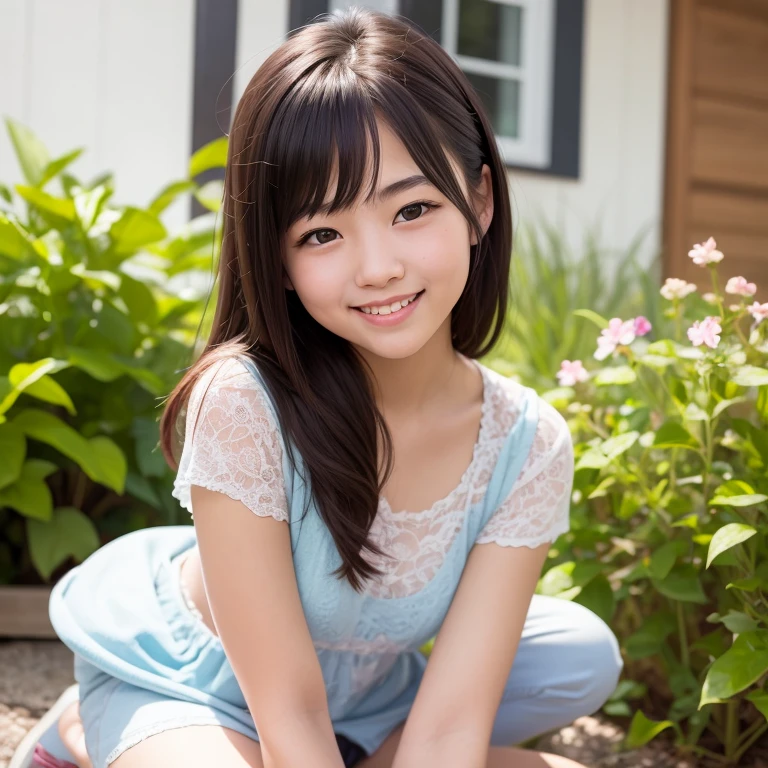masterpiece, highest quality,(12 year old Japan girl:1.5),(I feel like crying:1.3) ,garden,Focus from behind,Face facing the viewer,(middle School girls,(flowerの髪飾り:1.3),Loose-fitting tank top,Shorts,Brown eyes,(small:1.7),(Smooth straight hair:1.5),(Slender body,Thin legs),Detailed eyes,Very white skin,Let your bangs down,Detailed body,,Detailed hands,No makeup, Whole Body Ezbian, smile,Smiling and showing white teeth,Small Tits:1.3,flower,Thin bare legs,Sit on the ground,knee up,