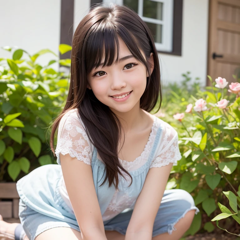 8K,masterpiece,Japanese,11-year-old girl,from the front,smile,cute,Innocent face,Innocent,Kind eyes,Childish,(Plain T-shirt,Short sleeve,Blue checked short skirt),semi-long,Hair blowing in the wind,Black Hair,Somewhat strong wind,noon,bright,Sitting、M-shaped feet, (?????????????:1.2),(Emphasize the ?????:1.2)