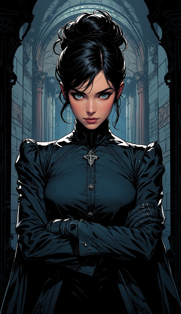 [comic book style] [thick lines] [GTA style drawing] [desenhado]  27-year-old female, glasses,  black eyes, short and dark hair,  cut asymmetrically , with straight fringe that covers part of the eyes. Pale skin and eye makeup with marked eyeliner and dark lipstick, contrasting with her always serene and distant expression. Her clothes mix elegant tailoring with theatrical elements: long coats, metallic fabrics and silver accessories, corpo todo, closed body with no neckline,  sitting in a library ,  reading a book, very large and heavy dark circles, face of extreme tiredness and expression of discouragement, Face similar to that of Lady Gaga