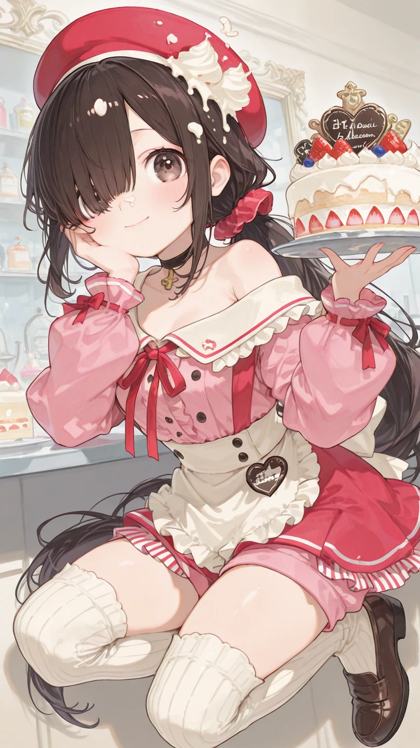 1 girl, small nose, very beautiful detailed face and eyes, bright colors, cute face, delicate beautiful face, Bright magenta eyes, cute eyes, sparkling eyes, Big eyes, (small breasts:1.3), (perky chest:1.1), (pointed chest:1.0), (cake magazine cover:1.1),highest quality, WorKs of masters, High resolution,BlacK color hair,shiny hair, side ponytail,hair between eyes,bangs, (black jacket, real clothes, cleavage, black skirts, black thighhighs, thigh strap, fingerless gloves, single glove:1.2) , spread legs, panties shot, medium hips, glamorous body, white skin, smile, thin pubric hair, super beautiful face, Super beautiful eyes, Super beautiful hair,trendy outfit,sexy and attractive,full body esbian, Real World, Natural light,perfect Natural light,(with sparkling eyes and a contagious smile), This masterpiece is not only visually stunning but also tells, make of cake cooking , in the kitchen, open mouth, looking at viewer,