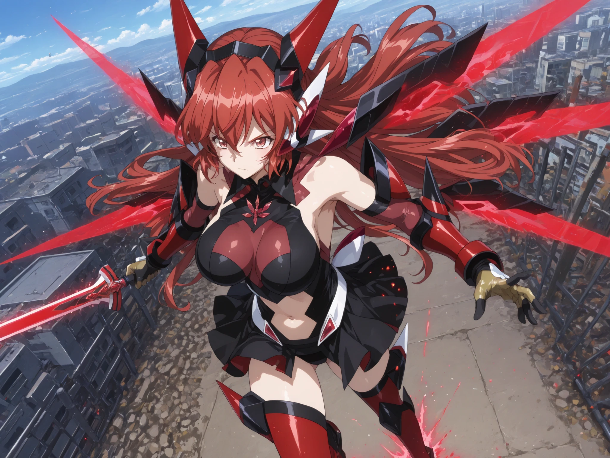 戦姫絶唱Symphogear、Symphogear、Score 9,score 8 up,score 7 or higher,score 6 up, score up 5,Score 4 up,((high quality illustration)), ((masterpiece)), ((so delicate and beautiful)),((precise illustration)),((detail illustration)),((Anime Art Style)), high resolution, 8k, detail, perfect face, Highest Quality, (Ultra High Definition), Perfect Eyes,Beautiful Eyes, Break 1girl,solo,Symphogearスタイル, pixel particles explode ,growing, BREAK 赤 Symphogear,black leotard, Disconnect, Belly button cover, red armor, black clothes, gold gloves , gold thighhighs , 金 elbow gloves, blacken clothes BRAKE ,赤en mechanical groves,blacken mechanical leg armors,赤en mechanical head gear(Ear),Crimson Eye, metal clothes ,Color of Armor : black,blacken gauntlet,blacken skirt,blacken head gear((Ear)),blacken grove,戦姫絶唱Symphogear、Symphogear、big boobs、big breasts、long hair、、Long Crimson Hair、long hair、Sky of Buildings、A listless look、No expression、Unmotivated、Energy Wing、 Exdrive 、UNLIMITED、Zitoida、adult woman、big breasts、big boobs、Soft Breasts、COOL WOMAN、solo、A living foot、A woman in her thirties、big breasts、blackいExcalibur、Excalibur、Magic Rim、taken from above