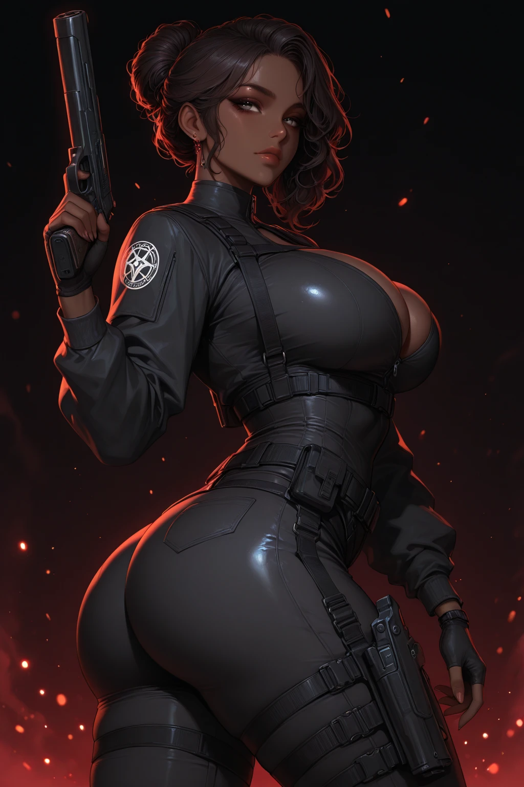 android 18,yorha 2b,raiden shogun,mordred, samus aran,overwatch,atelier ryza,close up,mountain view,tattoos,royal gray and gold plugsuit,white short sleeve formal top,black formal tie,thunder embroidery short sleeve formal coat,steel cargo leggings,short punk hair,punk makeup,blue eyes,multicolored silver hair,cyberpunk gloves,sexy smile,freckles,beautiful girl,cyberpunk high heels,large breasts, 8k,ultra detailed,realistic,fantasy art, thunder armor,hair pin,ear piercings,(weather:thunderstorm),1girl,gold neck and hand jewelry,glowing thunder sword,