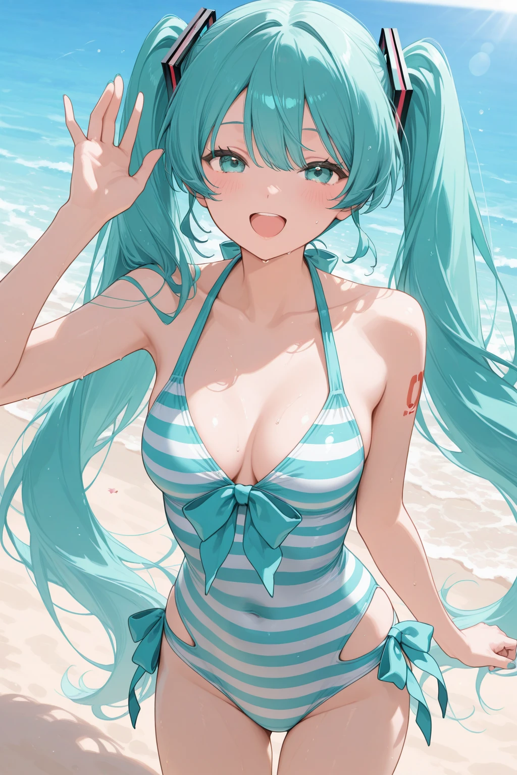 ((masterpiece))((sfw))
(best_quality)
(fisheye)
(blurry_background) (depth_of_field)
(caustics)
(outdoors) (beach)(backlighting) (sunlight)
(Hatsune Miku) (twintails)
(medium_breasts) (skindentation)
(light_smile)
(turquoise_bikini:1.4)
(peace_sign) (hand_on_hip)