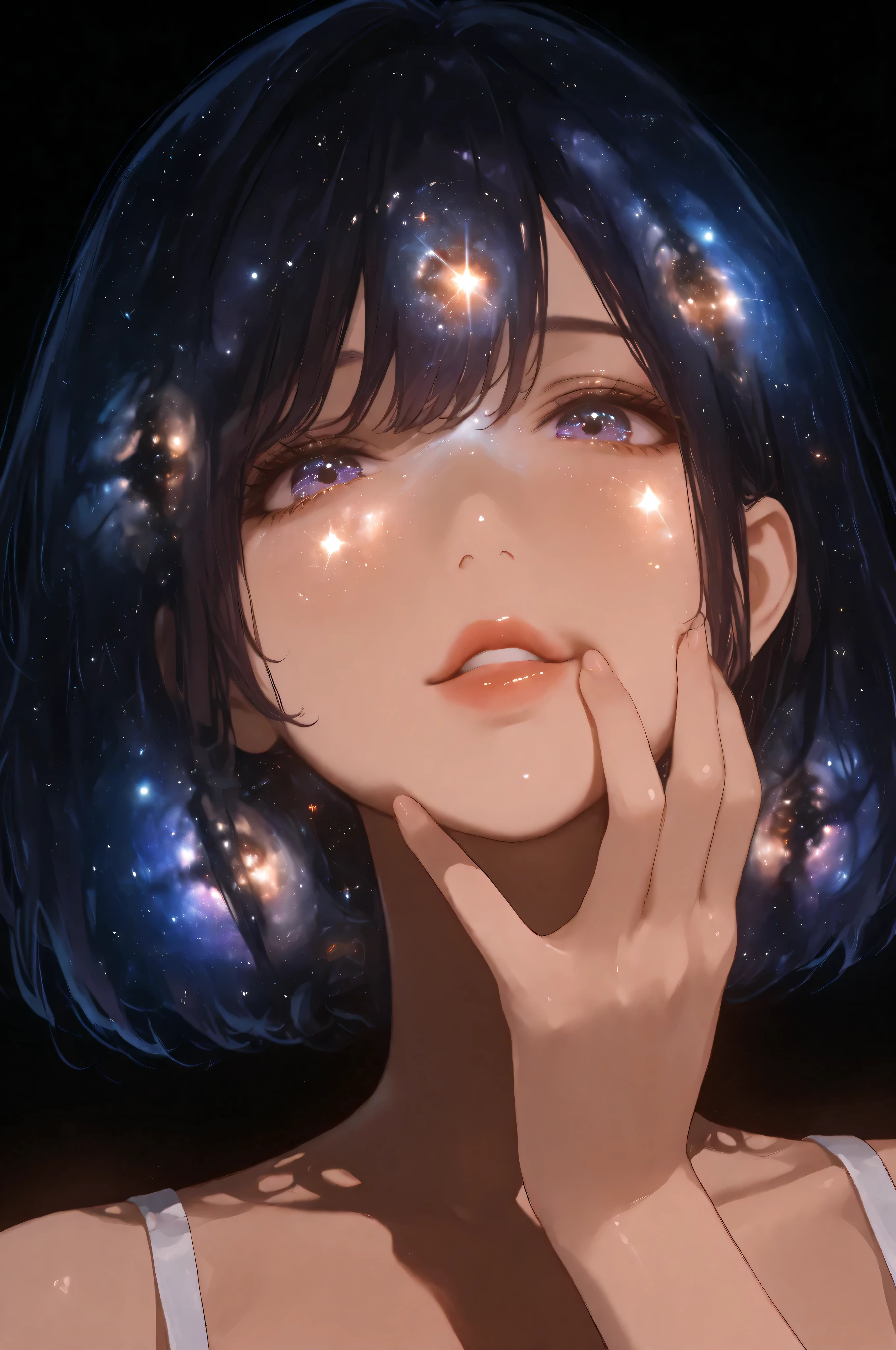 (Double exposure:1.3), effect of a women's face superimposed, femdom, dark background, portrait, ultra detailed，Galaxy