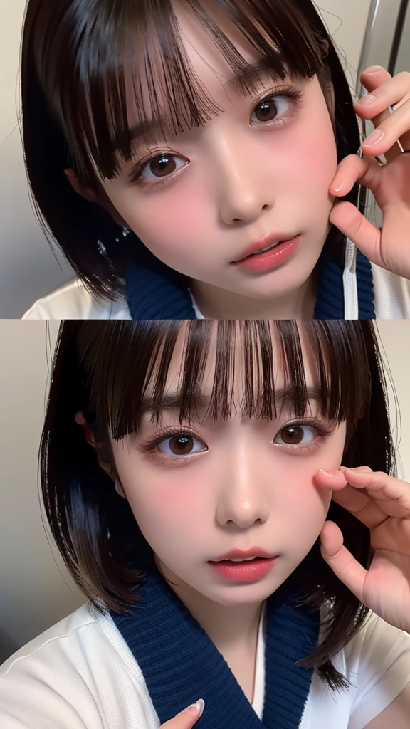 Dressed, (photo Realistic:1.4), (hyper Realistic:1.4), (Realistic:1.3), (Smoother lighting:1.05), (映画の照明Improvement of quality:0.9), 32k, One Girl,12-year-old girl, Realistic lighting, Backlight, Light on the face, Ray Tracing, (Bright light:1.2), (Improvement of quality:1.4), (Highest Quality Real Texture Skins:1.4), Detailed drawn eyes, Face drawn in detail, quality eyes, (tired, Sleepy and satisfied:0.0), Face close-up, (Enhances the body line:1.1), (Enhances the beauty of skin texture:1.1)、tits、Small breasts、Flat Chest、Bare Chest、Small beautiful pink nippleake a kissing face here、Lips pouting, eyes half-open、Open your mouth and stick out your tongue、Stretch your arms out here、Poke out your lips、A face that fills the screen、nsfw, (spread pussy:1.3)、Pupil is heart、Heart pupil