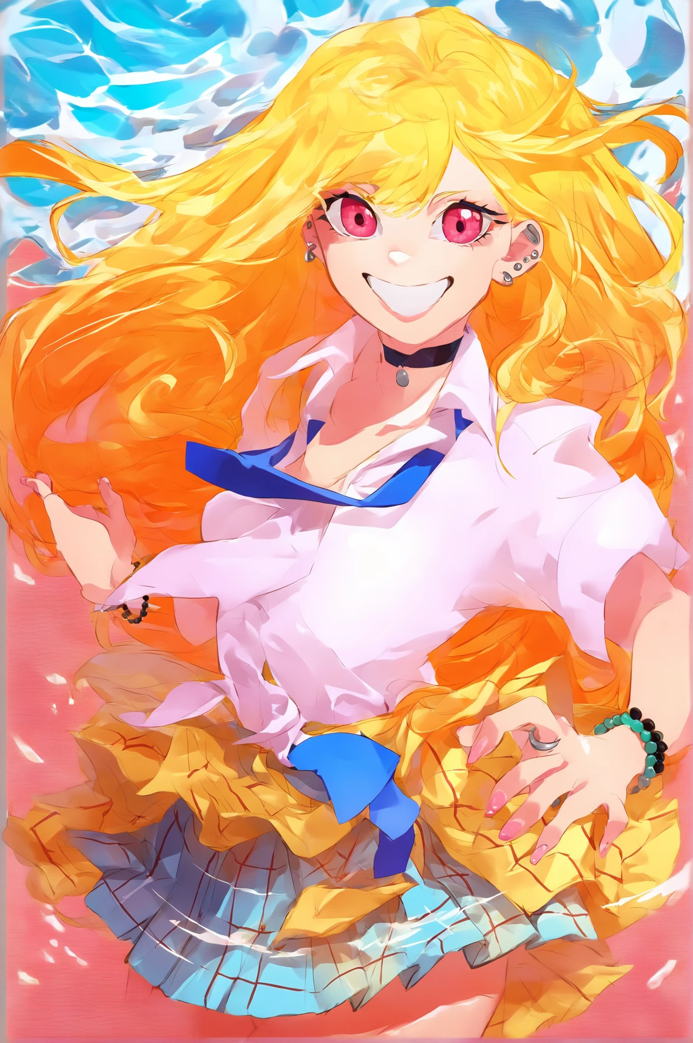 score_9, score_7_up, Source_anime, cowboy shot showing waves, rimless, smile, teeth, mrnktg, Long Hair, multi-colored hair,  color chip , Blonde, pink eyes, big breasts, ear piercings, bead bracelet, bracelet, ring, Pendant Choker, white collared shirt, tide shirt, blue tie, Pleated Skirt, plaid skirt, rapes