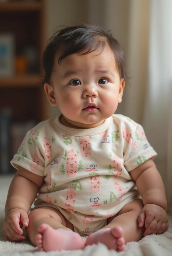 a close-up of a baby girl sitting on the floor wearing a pink shirt and wearing diaper, looking wistfully, small child six months old, acrylic ink painting, portrait art, portrait image, full portrait, portrait shot, shot full body portrait, innocent look, cute girl, child, full body shot, full body close-up shot, rosy cheeks, full body view, full body shot, front portrait, innocent face, oil painting