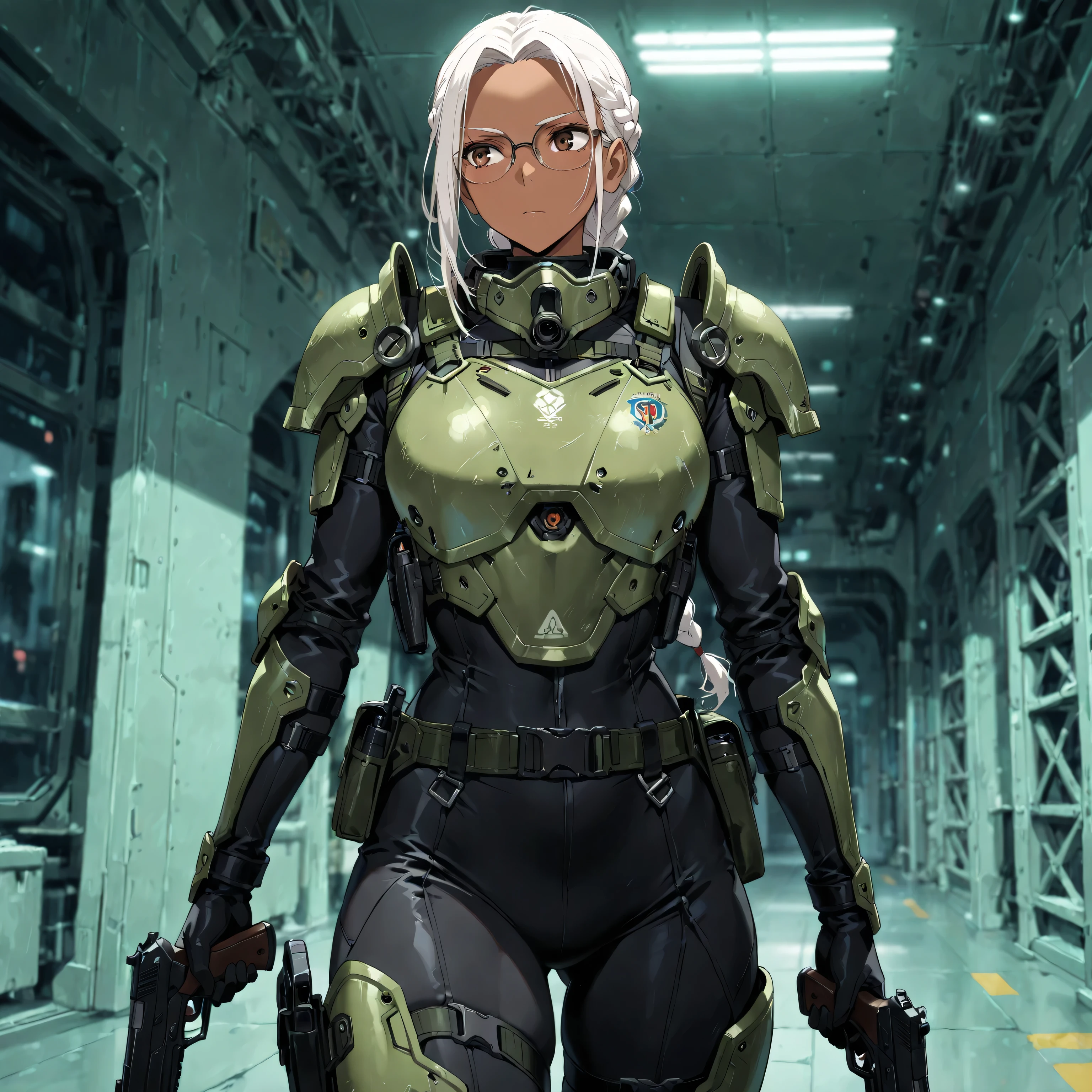 masterpiece , best quality , 1female , adult , dark skin , beautiful , solo , long white hair , braided hair , beautiful vibrant brown eyes , green and white armor , black bodysuit , relaxed expression , standing still , glasses , holding handgun , futuristic military base background , perfect background