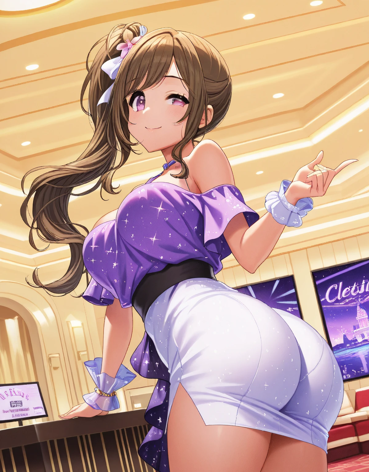 masterpiece, formal, (Mature women standing in a line sticking out towards the viewer:1.4), (Golden Bodycon, micro dress:1.2), (fine eyes, perfect face, face focus:1.2), (Shiny clothes that reflect light and are very wrinkled:1.2), Sparkling, Sparklingした金色, (hoop earrings), necklace, Fishnet tights, hair ornaments, latex, glowing skin, glamorous perfect female proportions, fine surface texture, evil smile, blush, (venue),brown hair,ponytail,sweaty,全身sweaty,big thighs,big breasts,big ass