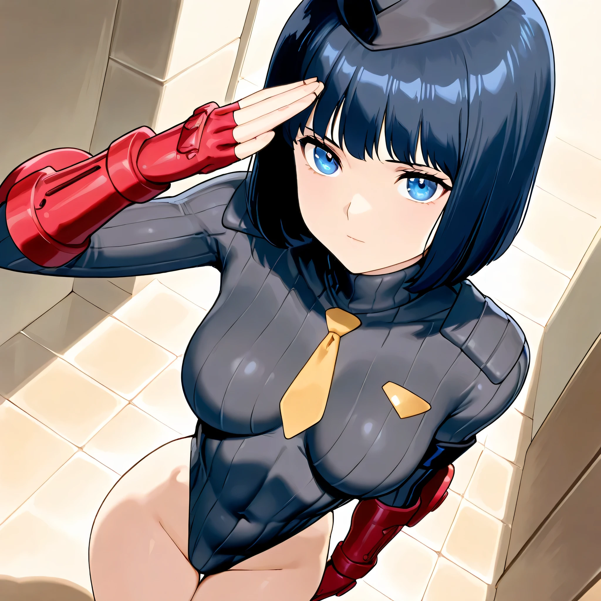 Masterpiece, Best Quality, Highly detailed, illustration, absurdres, street fighter, doll suit, shadaloo doll, agent aika, 3girls, Team Squad, expressionless, nazi saluting, military, military saluting, salute, blank eyes, looking at viewer, red gloves, emotionless, black latex, corrution, mind control, female combatant, full body, hypnotized, unhappy trance, full body suit, leotard, perfect female body, extremely glossy latex, Delmo Uniform, belt, hypnosis, hypnoLora, empty eyes, Mind control device, thigh high, kneeling, poses, submissive_pose, gold delmo uniform, golden delmo uniform, visor, masturbation, standing, standing at attention, visor, Slave, collar, gang bang, haigure, slave oufit, full tight leg, Fate/Tsukihime Remake, ciel, blue hair, blue eyes, short hair, nun