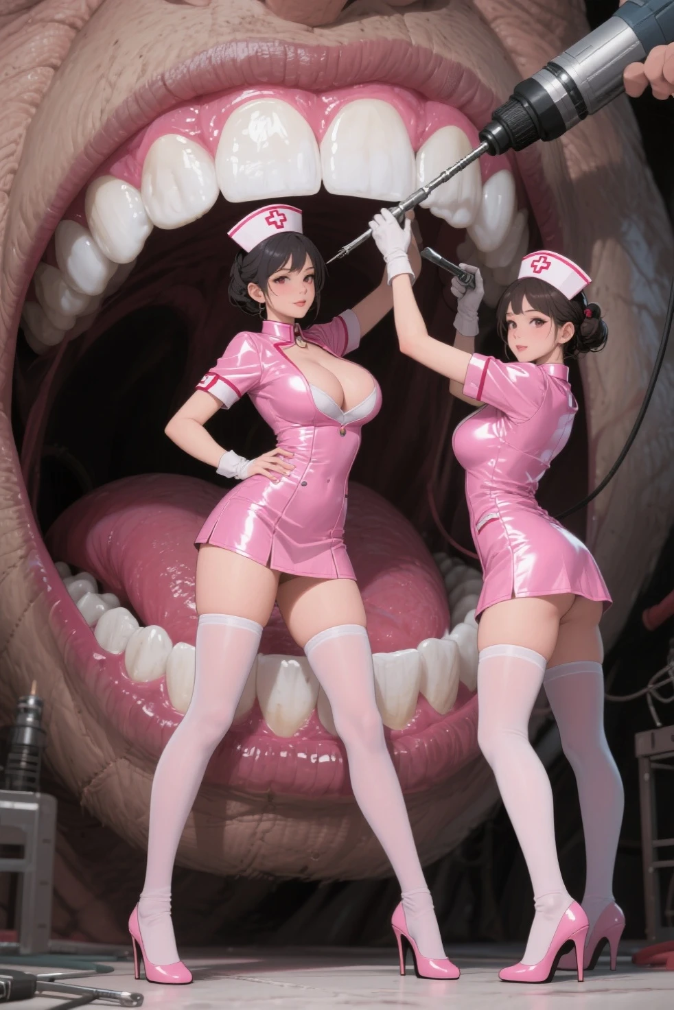 hospital, latex nurse suit,nurses,busty,elbow gloves,labcoat,silverhair woman,green eyes , gigantic boobs ,medical instruments,asian nurse,two nurses,speculum,examination room,oversize boobs, ,big ass ,strap on, lay on table ,legs spreaded,giving birth,gyno chair , dentist, bondage ,in labor, domination ,femdom,