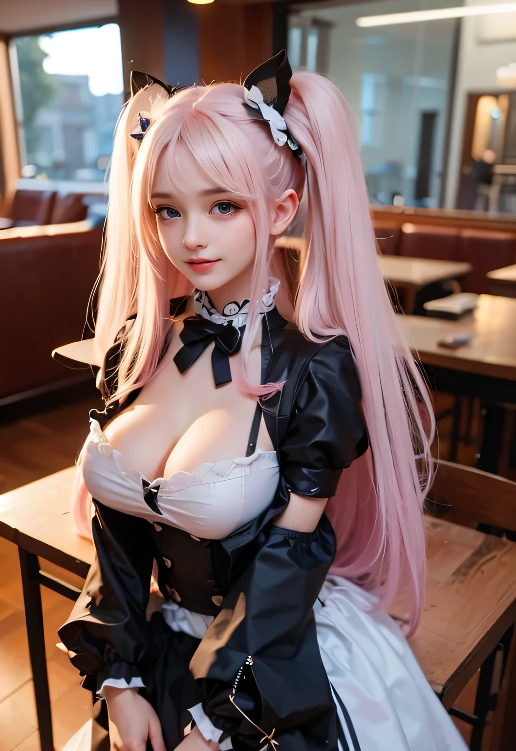 Upper body、one girl、I have dark blue hair color、two - tone、(pink highlight hair、bun hair、super huge boobs、Hide your nipples with jewel design lace、Sparkling jewel lace decoration on the body、look at the camera、ワイシャツ、オフショルダー、mini skirt、Skirt Lift Up(Skirt lift Yourself)pink zebra print panties、jewelry design garter belt、M-shaped legs、Girl squatting、blush、Inside the restaurant