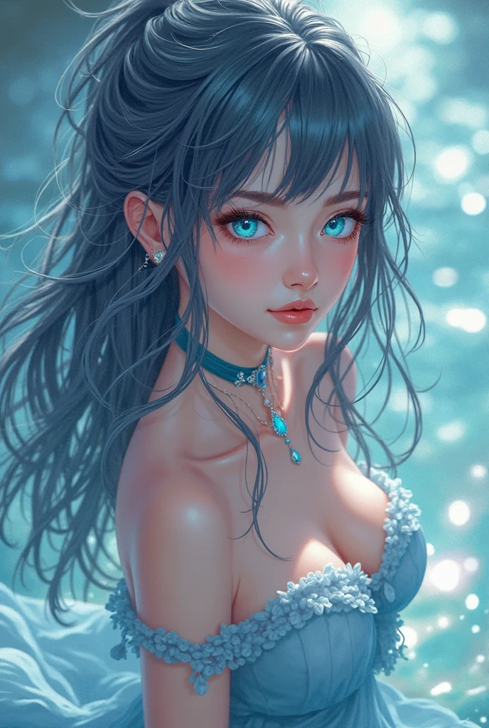 (detailed woman face, detailed eyes:1.1, light:1.1, sparkles everywhere), water, oil painting, vibrant colors, serene, soft lighting, flowing hair, graceful posture, shimmering reflections, tranquil atmosphere, gentle ripples, ethereal beauty, vivid brushstrokes., half naked, big breasts
