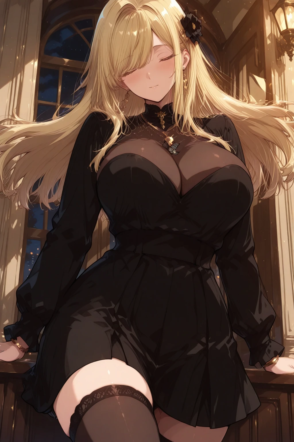 (masterpiece:1.2), (highest quality:1.2), Curvy but slender body, perfect eyes, perfect face, perfect lighting, 1 girl, long hair, curly hair, fine clothes, night, Detailed castle background, compensate, eye shadow, thick eyelashes, fantasy、whole body、Bright and beautiful face、young shiny glossy white shiny skin、the best beauty、the most beautiful bright blonde hair in the world、thin hair、super long straight hair、Shining beautiful bangs、Shining crystal clear big blue eyes、Very beautiful lovely 17 year old most beautiful girl in the world、big and full breasts、a sexually excited look、((Black and red gothic dress))、((She lifts up her skirt and shows her panties))、I'm inviting you to have sex